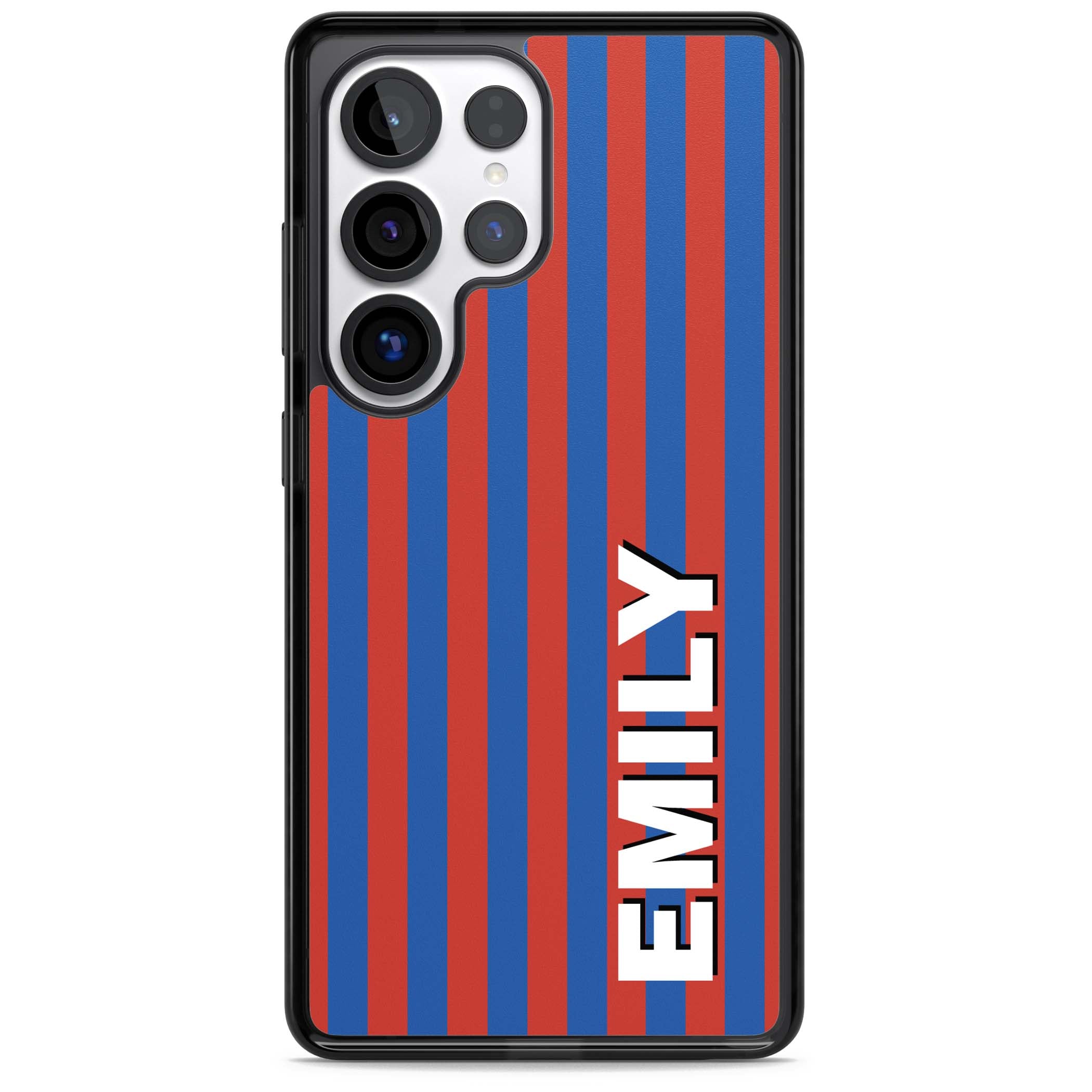 Cuban Stripe personalised iPhone case featuring red and blue vertical stripes with custom name in bold white letters | Black Impact case for Samsung Galaxy S25 Ultra