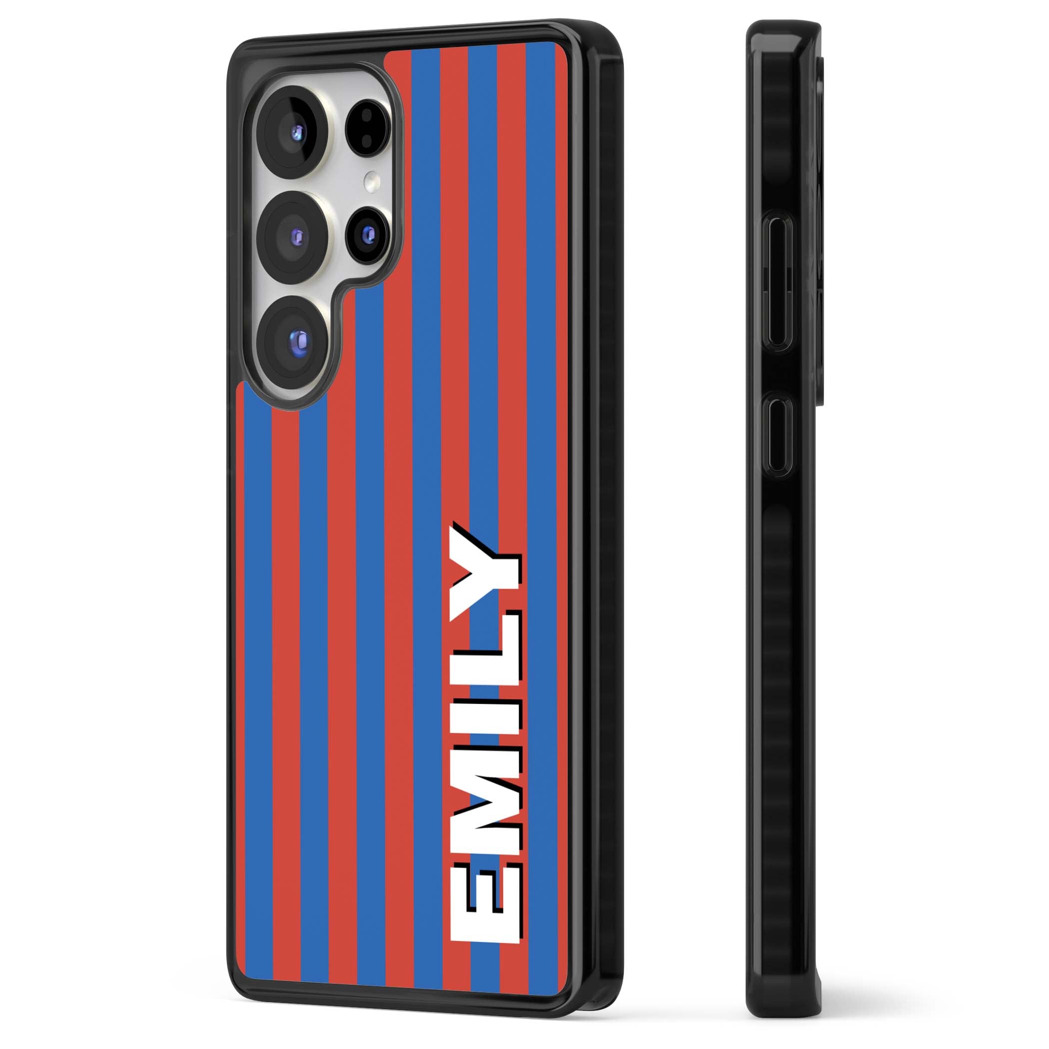 Cuban Stripe personalised iPhone case featuring red and blue vertical stripes with custom name in bold white letters | Black Impact case for Samsung Galaxy S25 Ultra