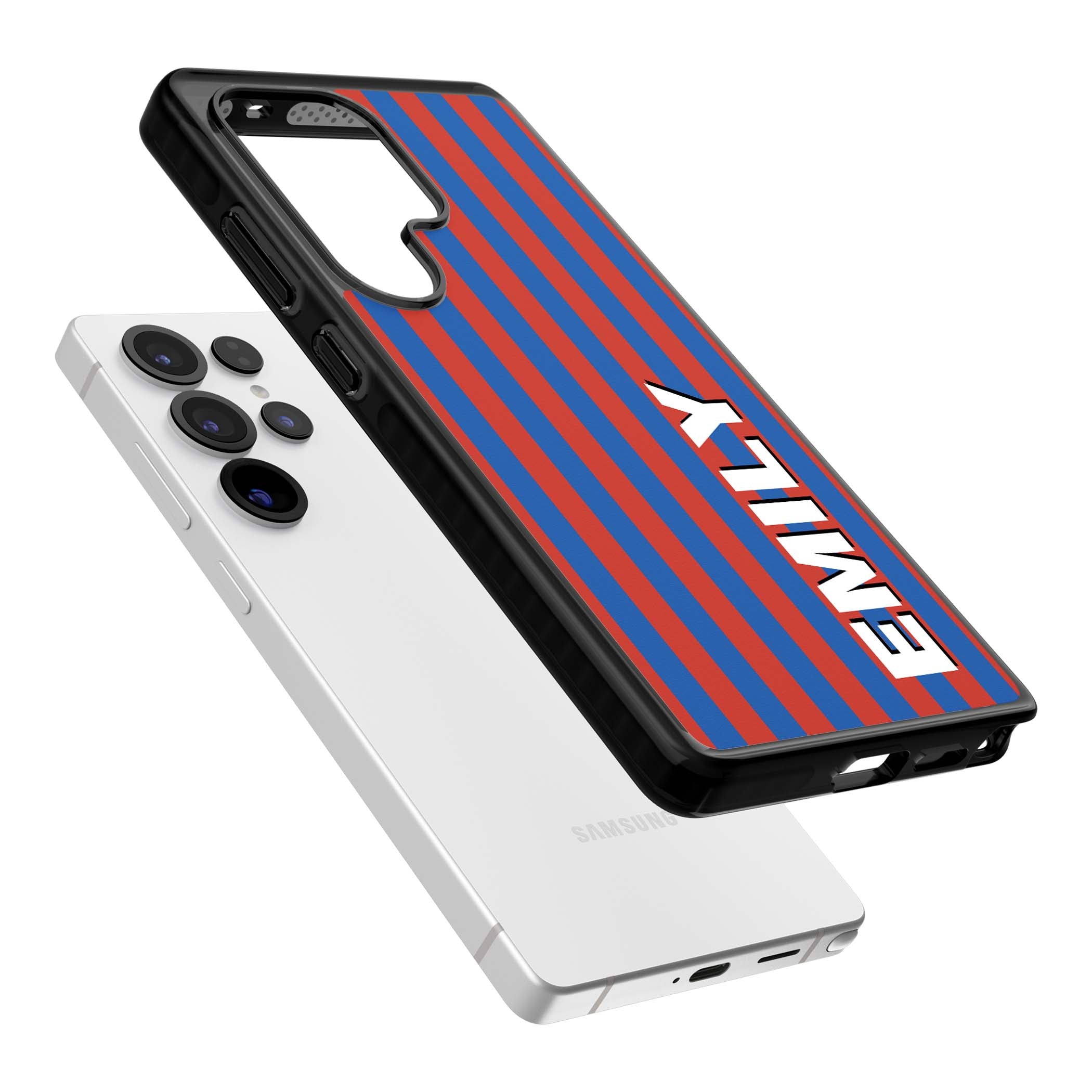 Cuban Stripe personalised iPhone case featuring red and blue vertical stripes with custom name in bold white letters | Black Impact case for Samsung Galaxy S25 Ultra