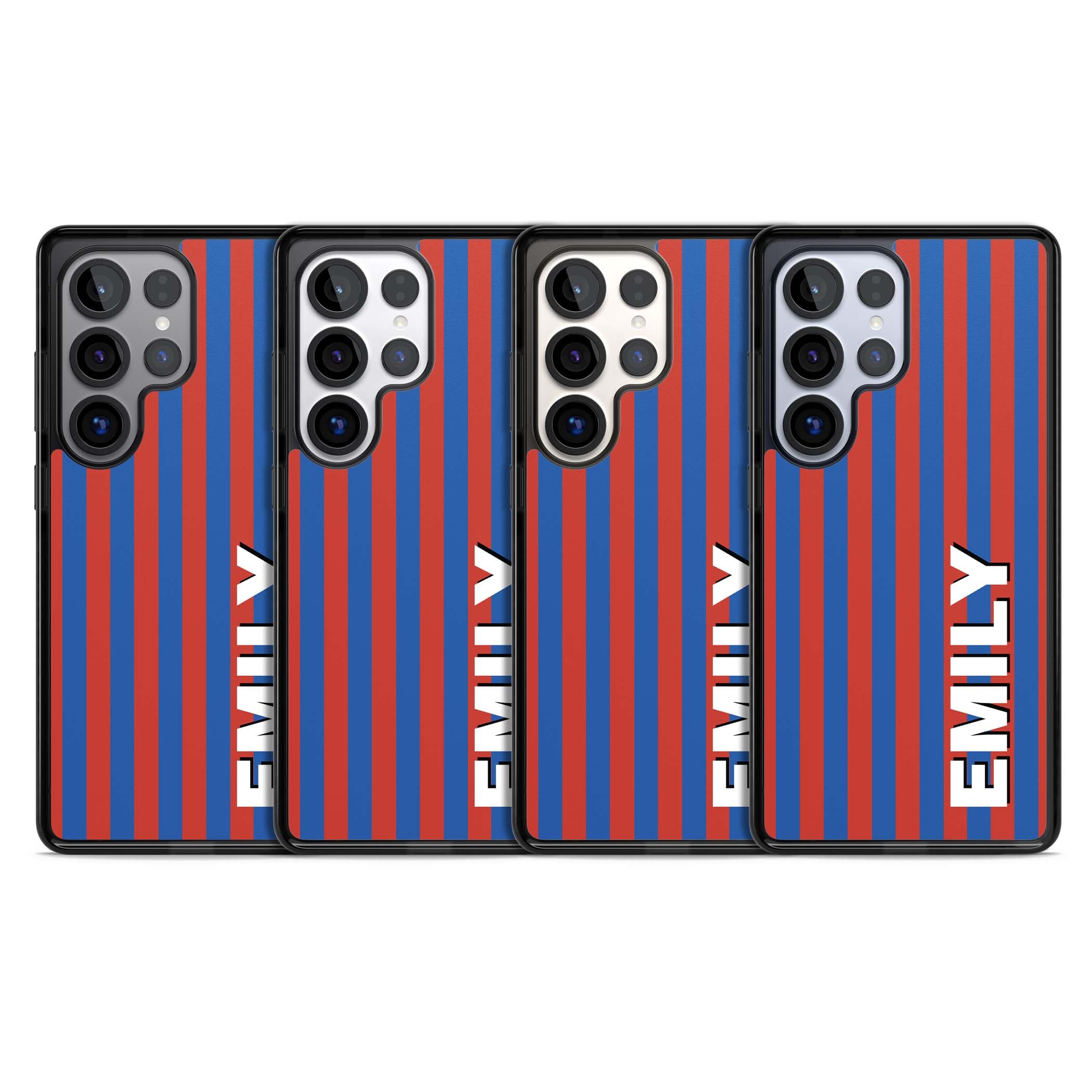 Cuban Stripe personalised iPhone case featuring red and blue vertical stripes with custom name in bold white letters | Black Impact case for Samsung Galaxy S25 Ultra