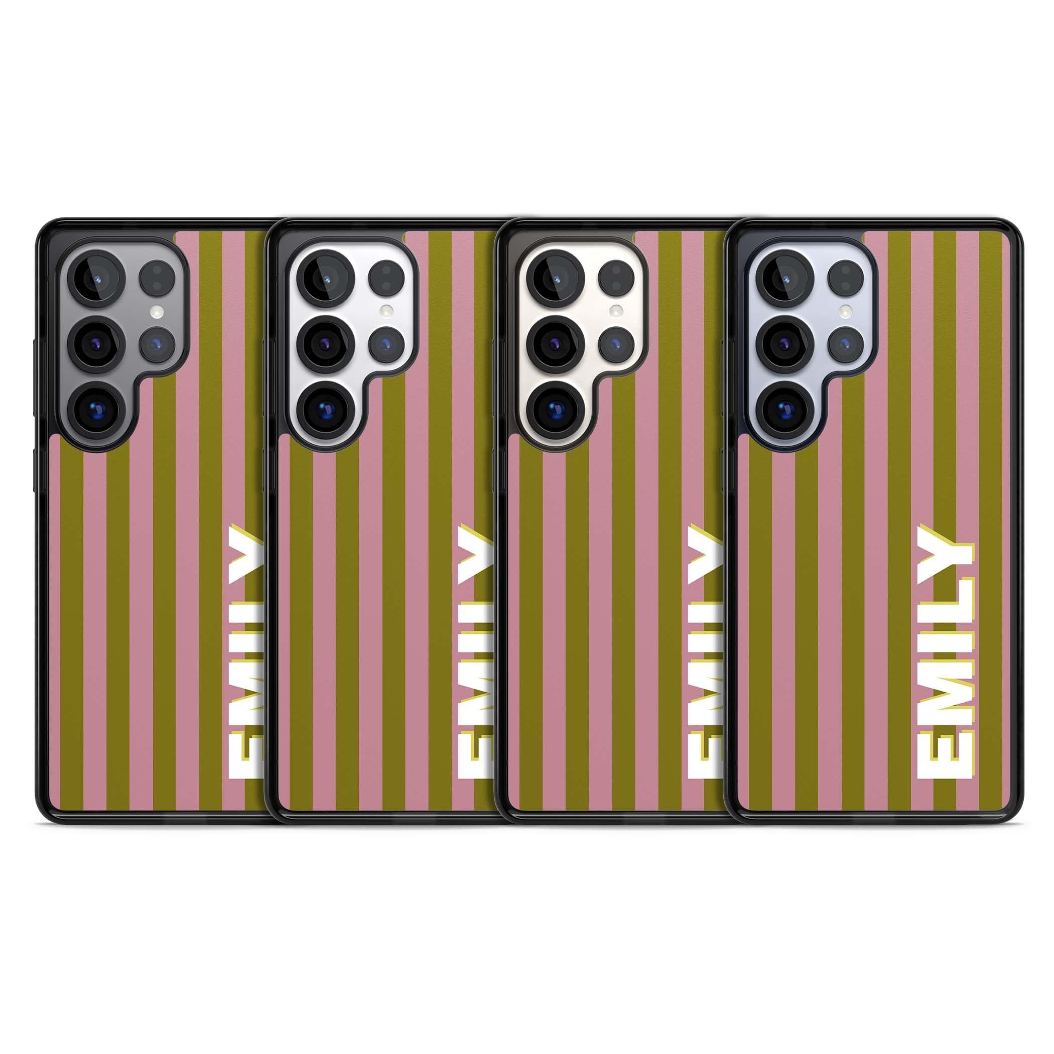 Istanbul Stripe personalised iPhone case featuring pink and olive green vertical stripes with a custom vertical name | Black Impact case for Samsung Galaxy S25 Ultra