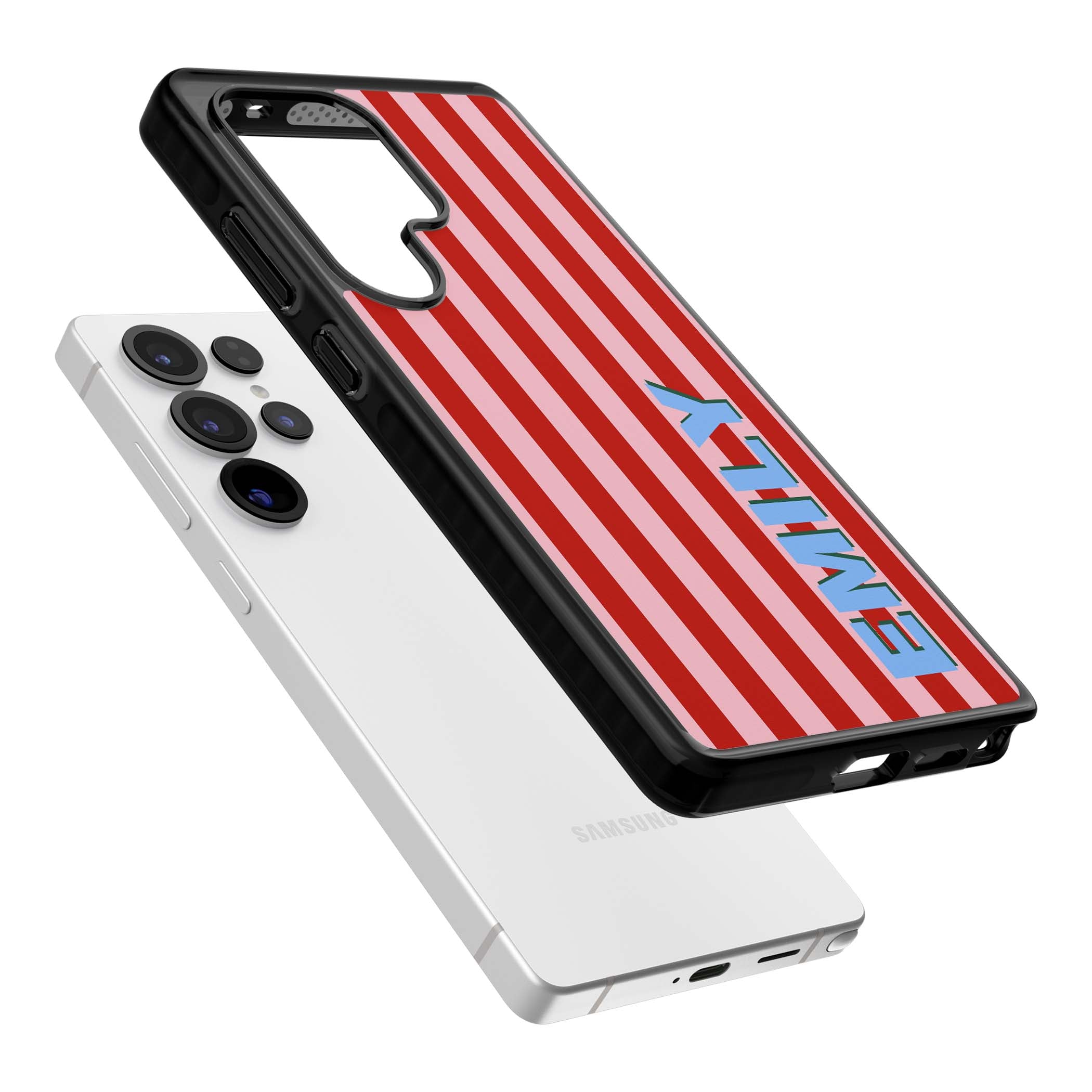 Market Stripe personalised iPhone case with red and pink vertical stripes and custom blue name | Black Impact case for Samsung Galaxy S25 Ultra