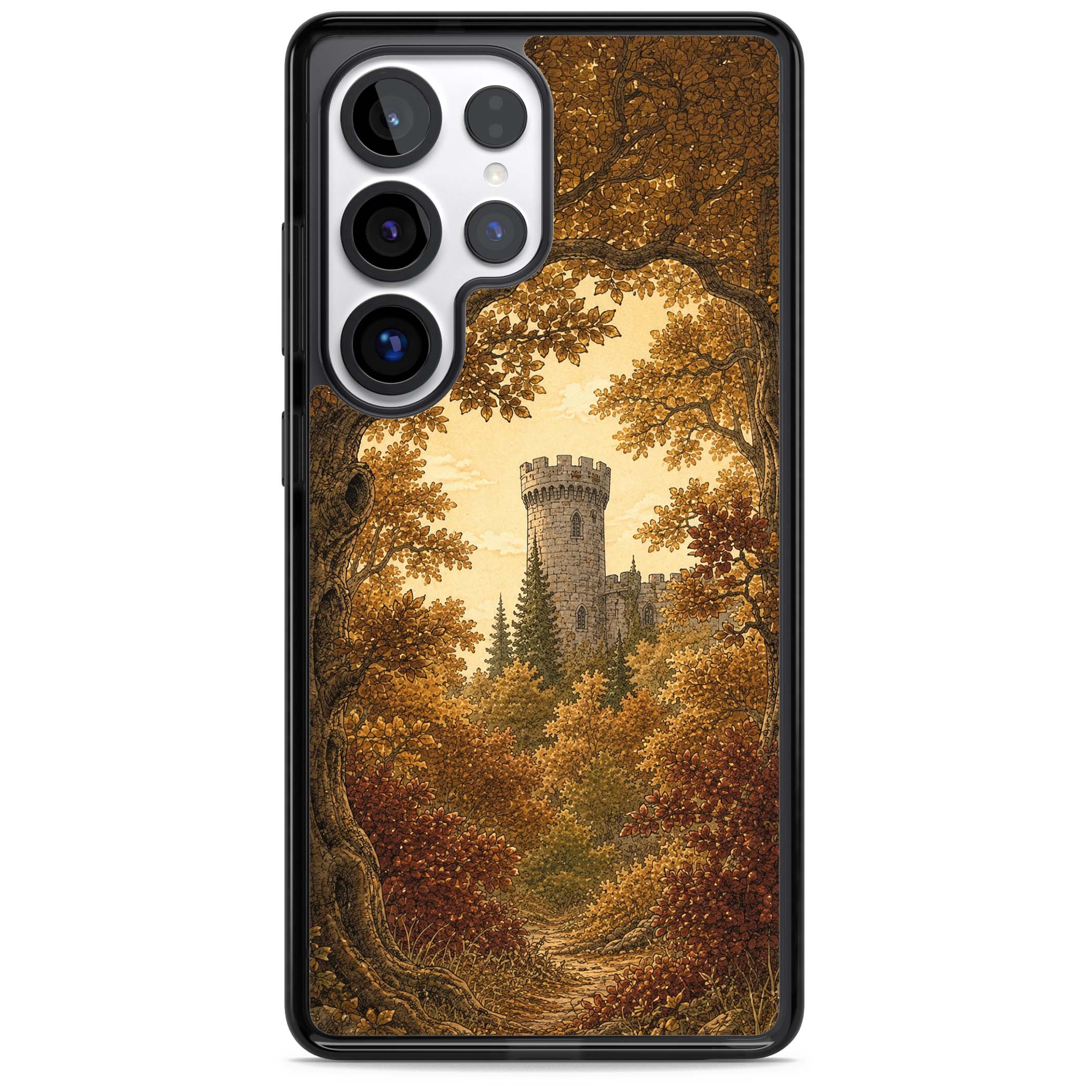Autumn Keep cottagecore iPhone case featuring a medieval castle tower framed by golden autumn trees and woodland foliage | Black Impact case for Samsung Galaxy S25 Ultra