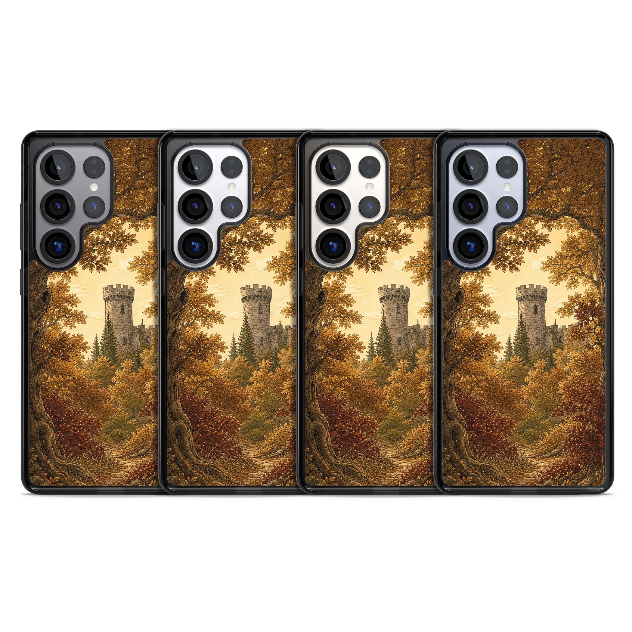 Autumn Keep cottagecore iPhone case featuring a medieval castle tower framed by golden autumn trees and woodland foliage | Black Impact case for Samsung Galaxy S25 Ultra