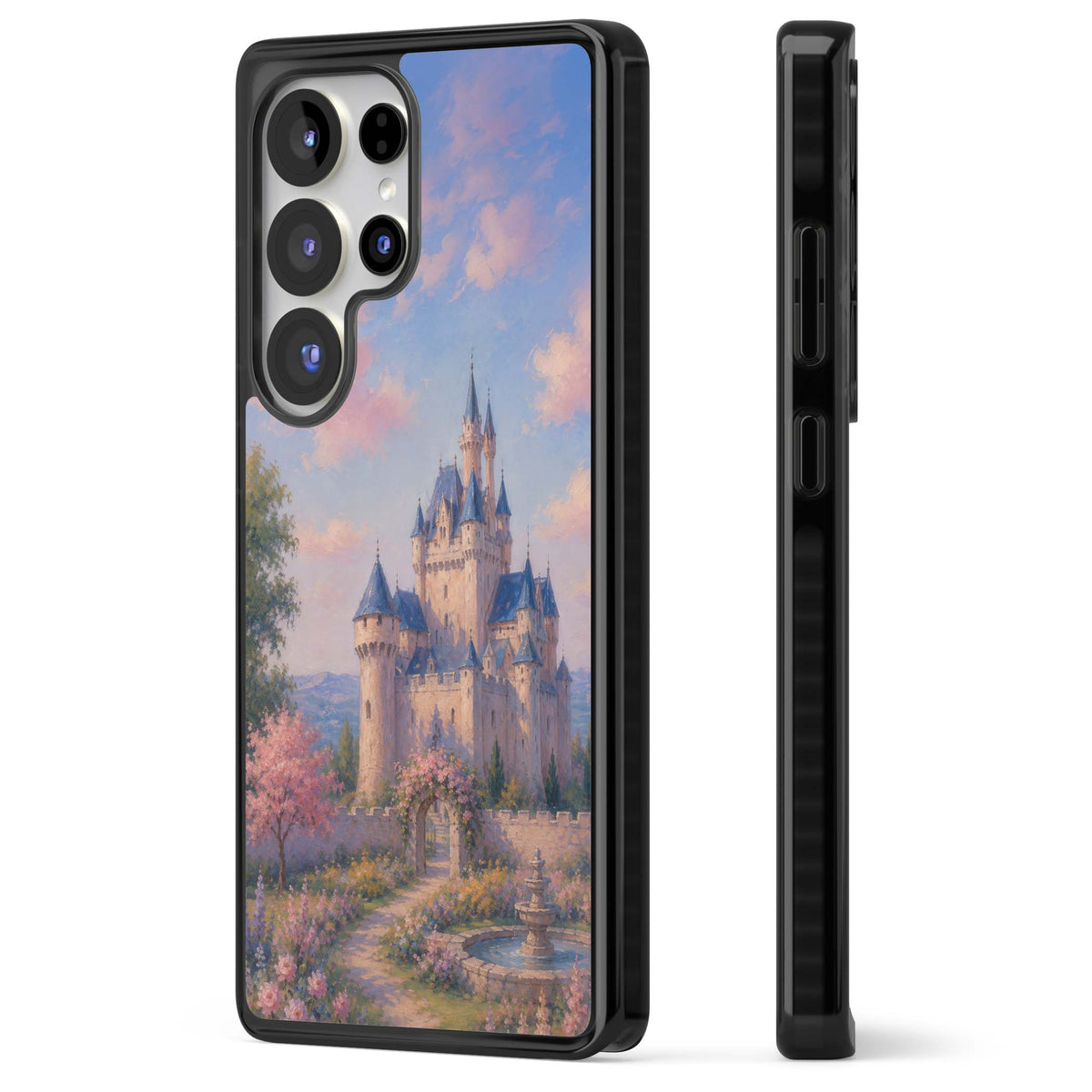 Enchanted Kingdom fairytale iPhone case featuring a romantic castle painting with cherry blossoms and pastel pink sky | Black Impact case for Samsung Galaxy S25 Ultra