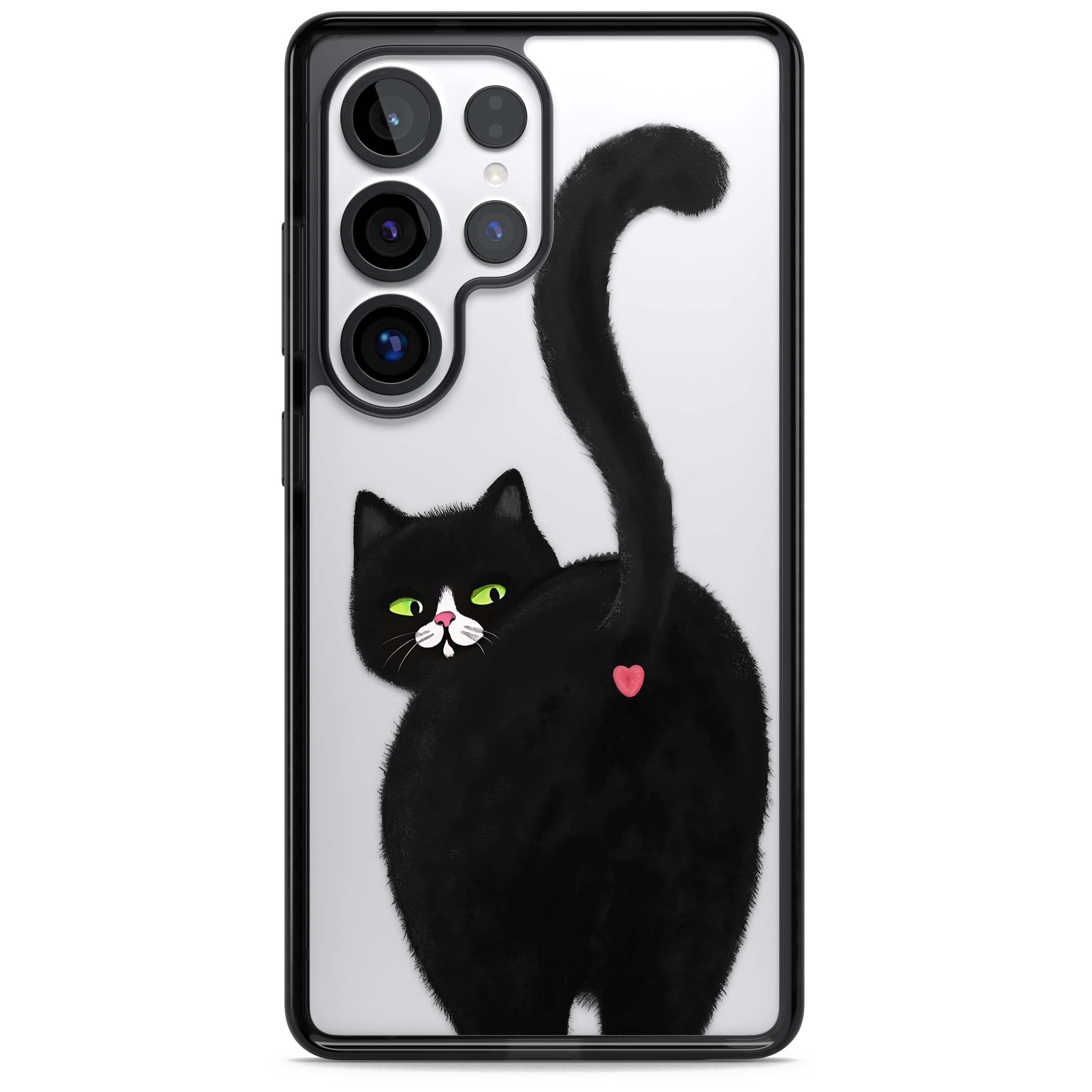 The Cat's Kiss cute cat iPhone case featuring a hand-painted tuxedo kitty with green eyes and a pink heart on a clear  | Black Impact case for Samsung Galaxy S25 Ultra