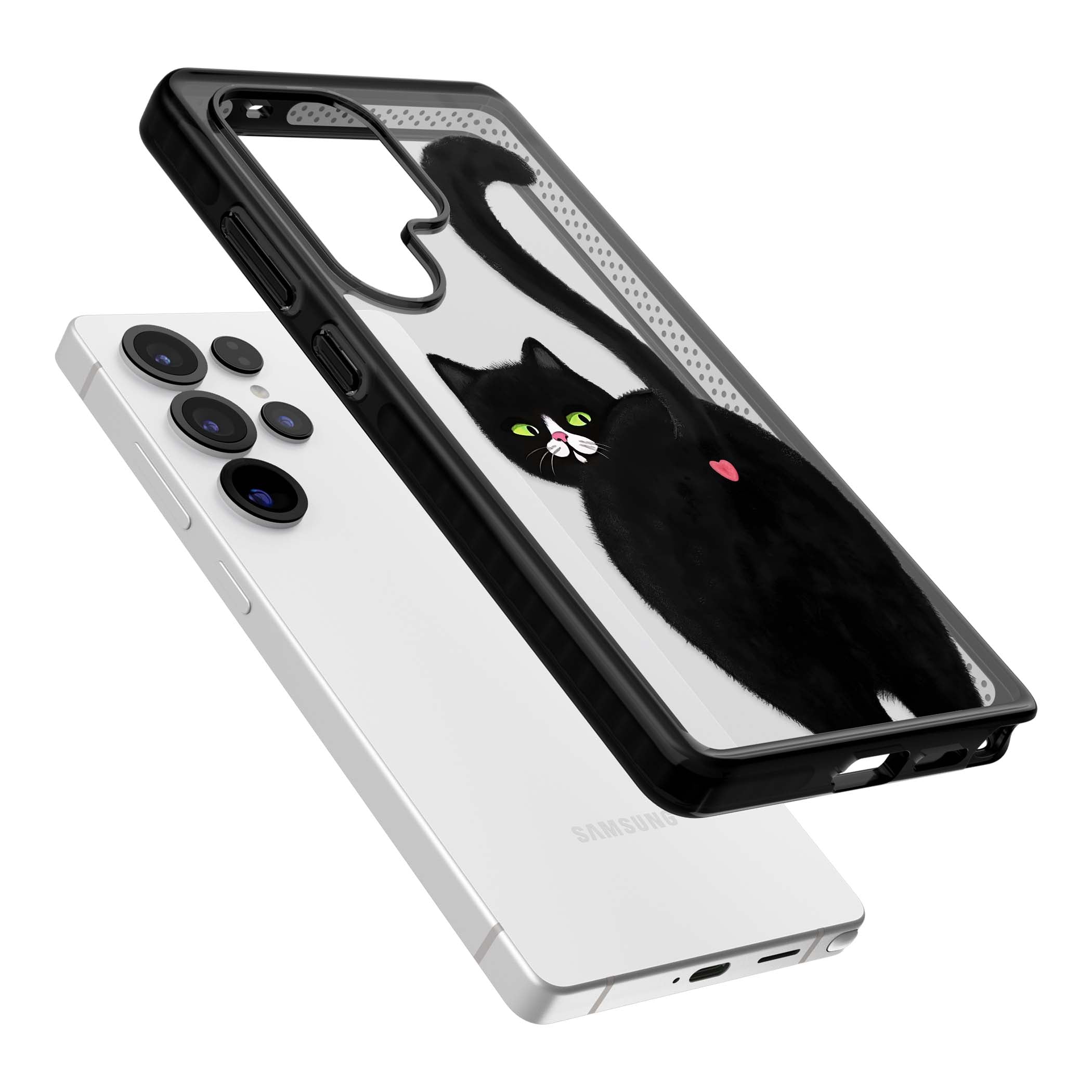 The Cat's Kiss cute cat iPhone case featuring a hand-painted tuxedo kitty with green eyes and a pink heart on a clear  | Black Impact case for Samsung Galaxy S25 Ultra