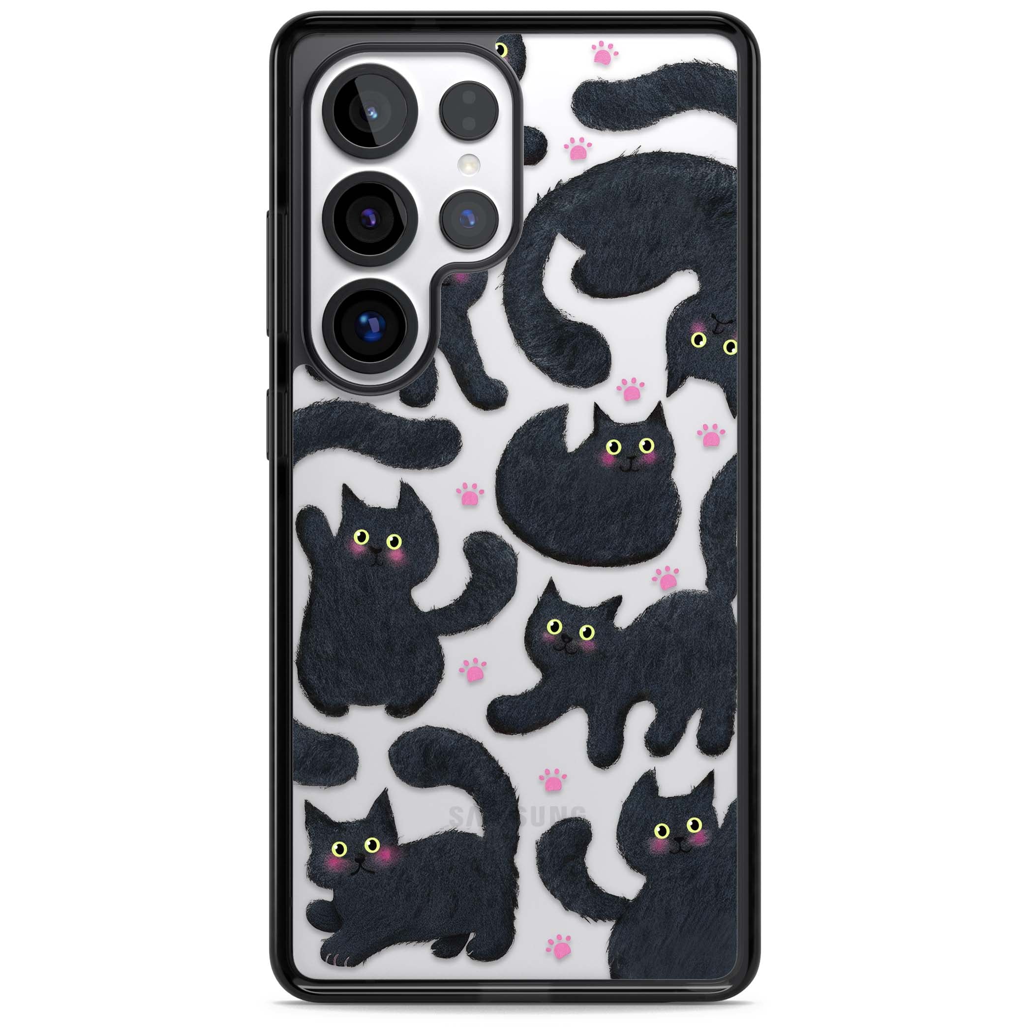 Midnight Cats cute iPhone case featuring black cat pattern with yellow eyes and pink paw prints | Black Impact case for Samsung Galaxy S25 Ultra