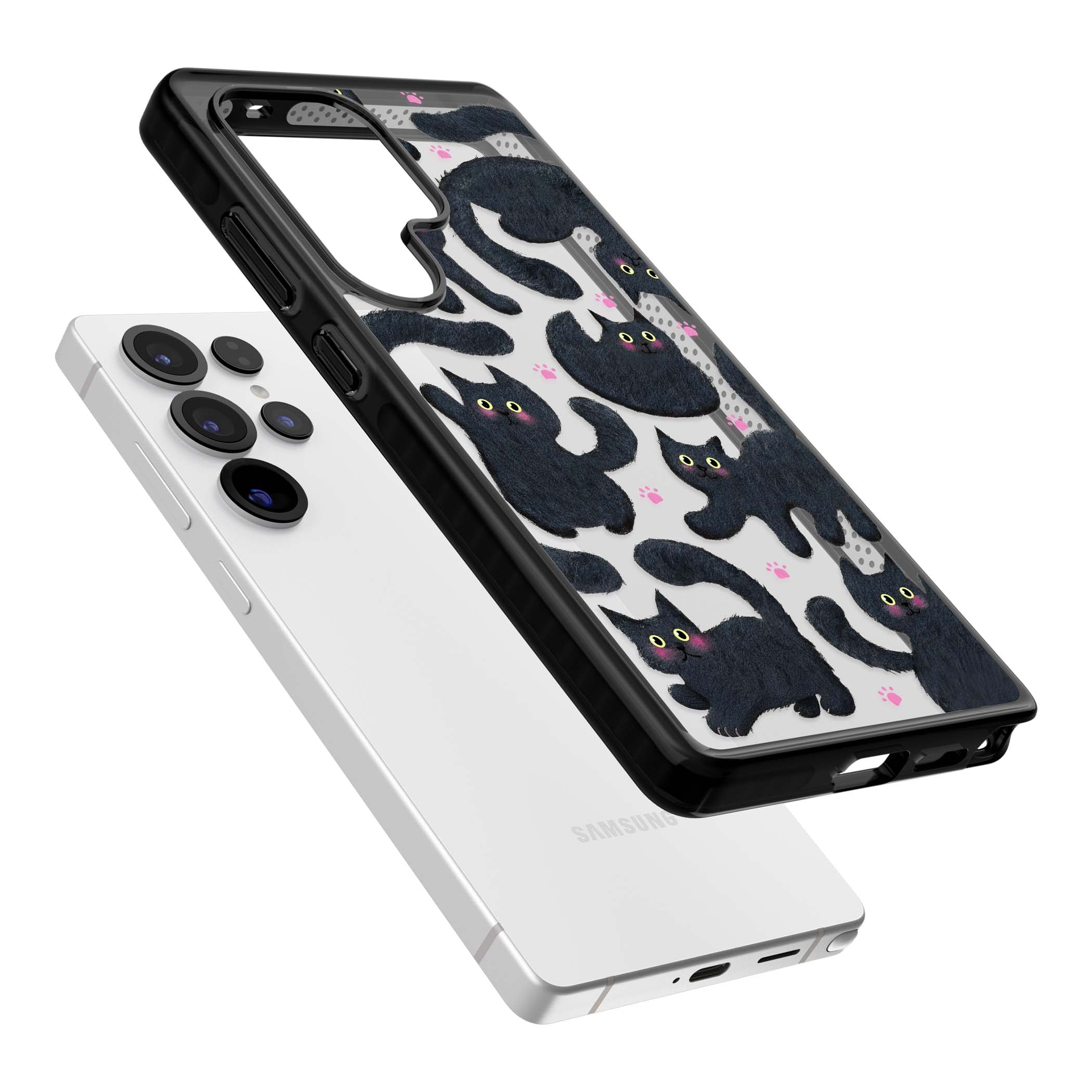 Midnight Cats cute iPhone case featuring black cat pattern with yellow eyes and pink paw prints | Black Impact case for Samsung Galaxy S25 Ultra