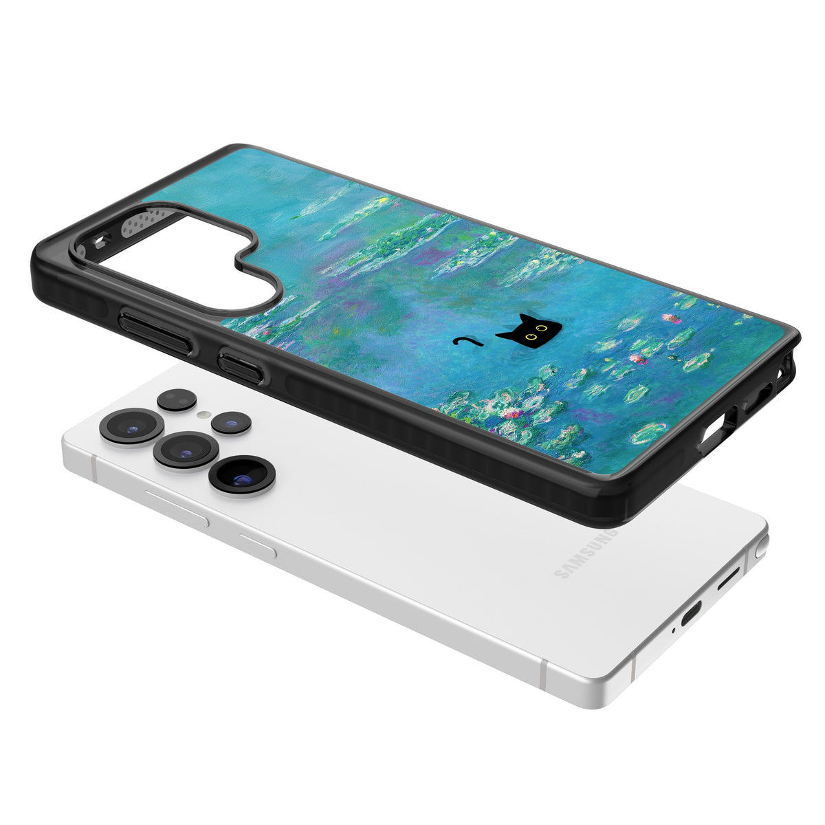 Cat in Monet's Water Lillies Samsung S25 Ultra / Samsung S26 Ultra Impact Black Phone Case angled