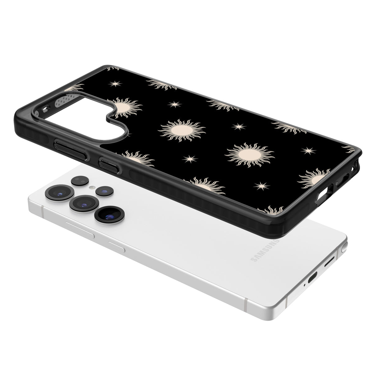Celestial Patterns Classic Suns (Black) Samsung S25 Ultra / Samsung S26 Ultra Impact Black Phone Case angled