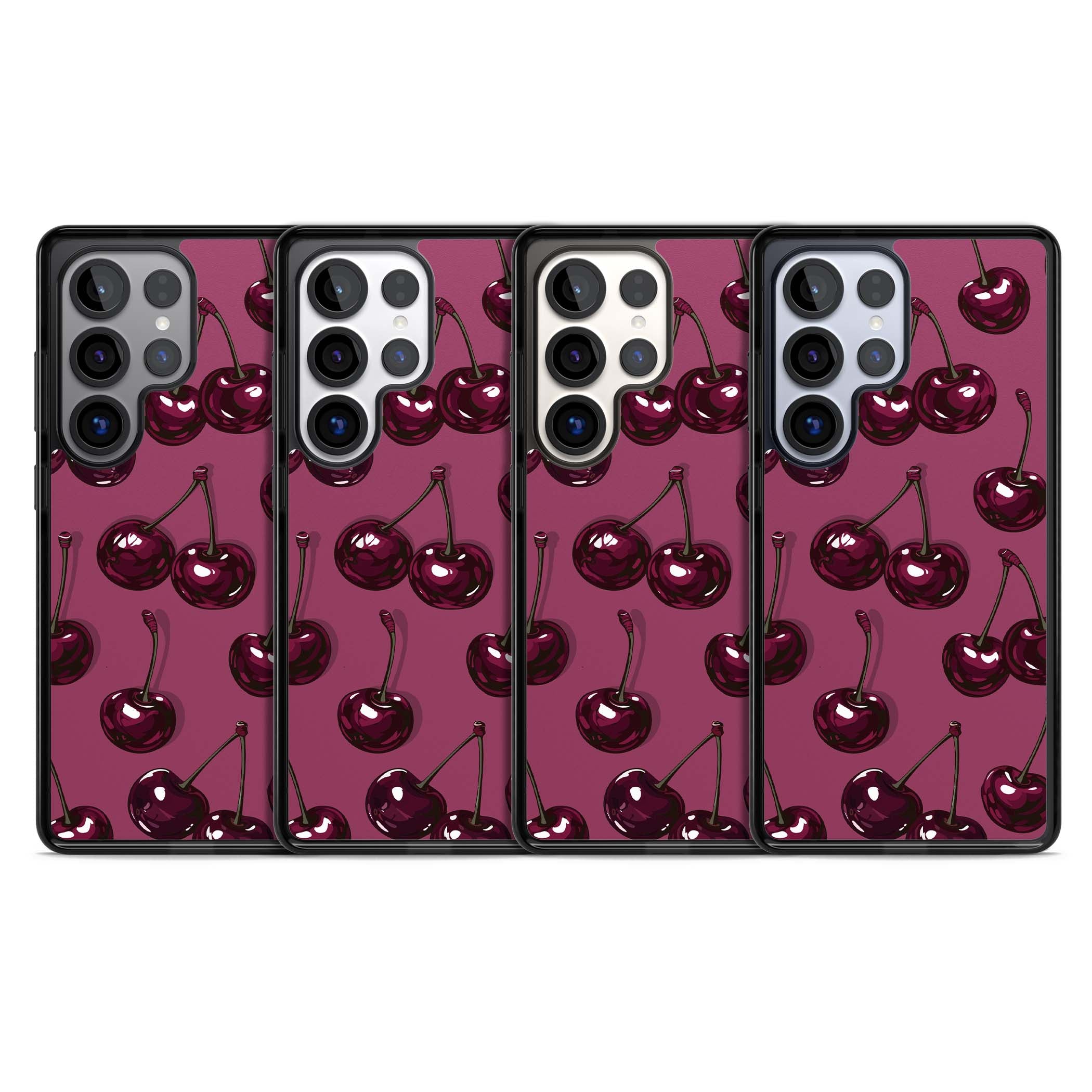 Cherry Soda coquette iPhone case featuring glossy burgundy cherries on a dusty pink background | Black Impact case for Samsung Galaxy S25 Ultra