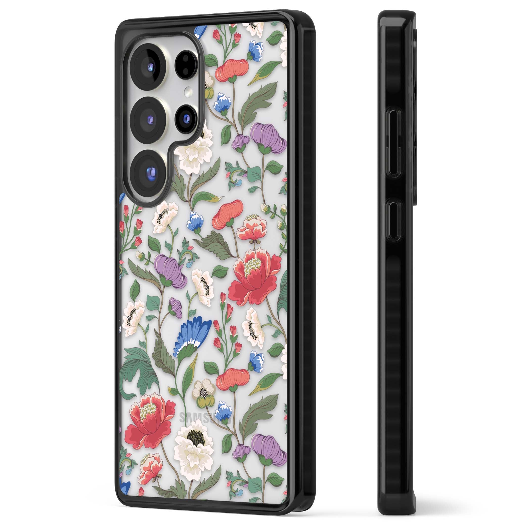Chinoiserie Bloom vintage floral iPhone case featuring hand-painted peonies, poppies and trailing wildflowers on clear... | Black Impact case for Samsung Galaxy S25 Ultra