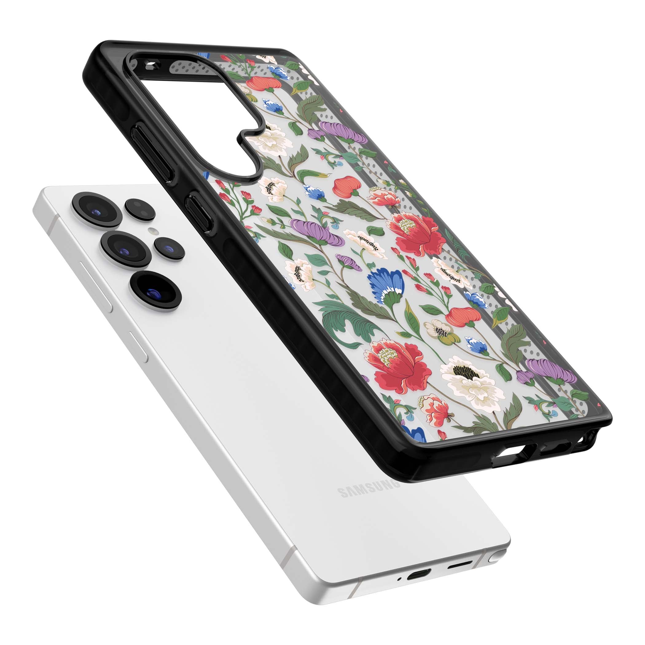 Chinoiserie Bloom vintage floral iPhone case featuring hand-painted peonies, poppies and trailing wildflowers on clear... | Black Impact case for Samsung Galaxy S25 Ultra