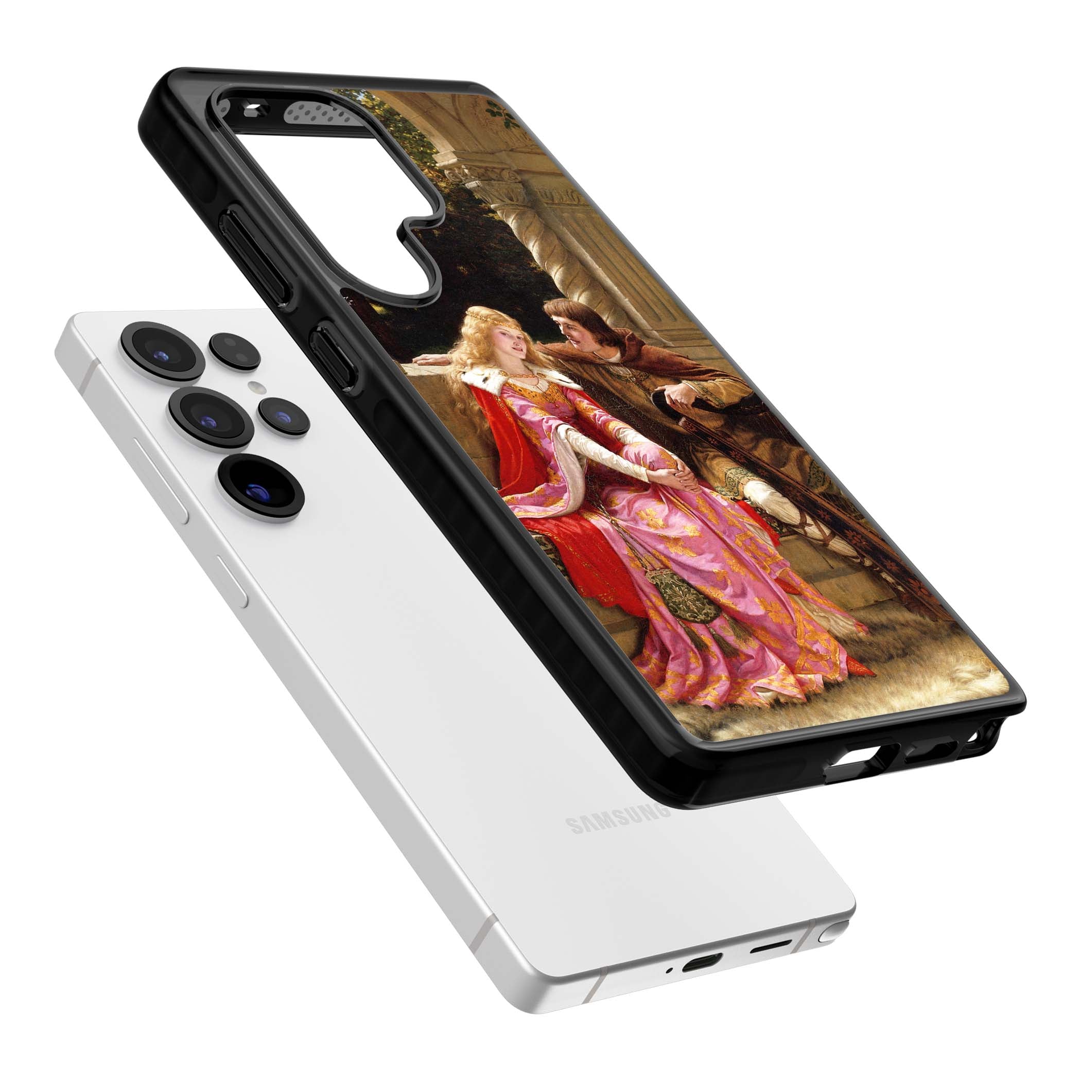 The End of the Song classic art iPhone case featuring a medieval lady in pink gown and her knight in a stone archway | Black Impact case for Samsung Galaxy S25 Ultra