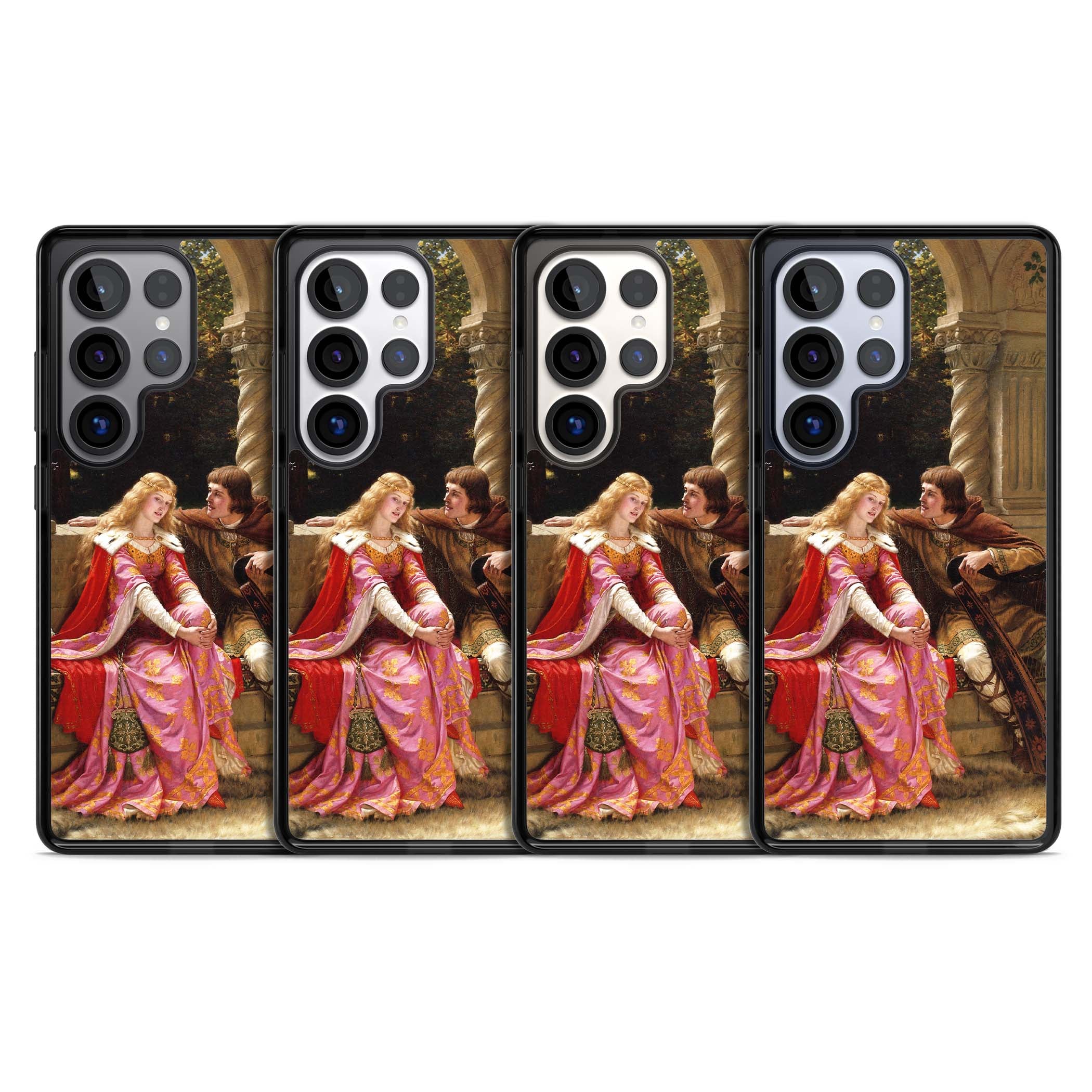 The End of the Song classic art iPhone case featuring a medieval lady in pink gown and her knight in a stone archway | Black Impact case for Samsung Galaxy S25 Ultra