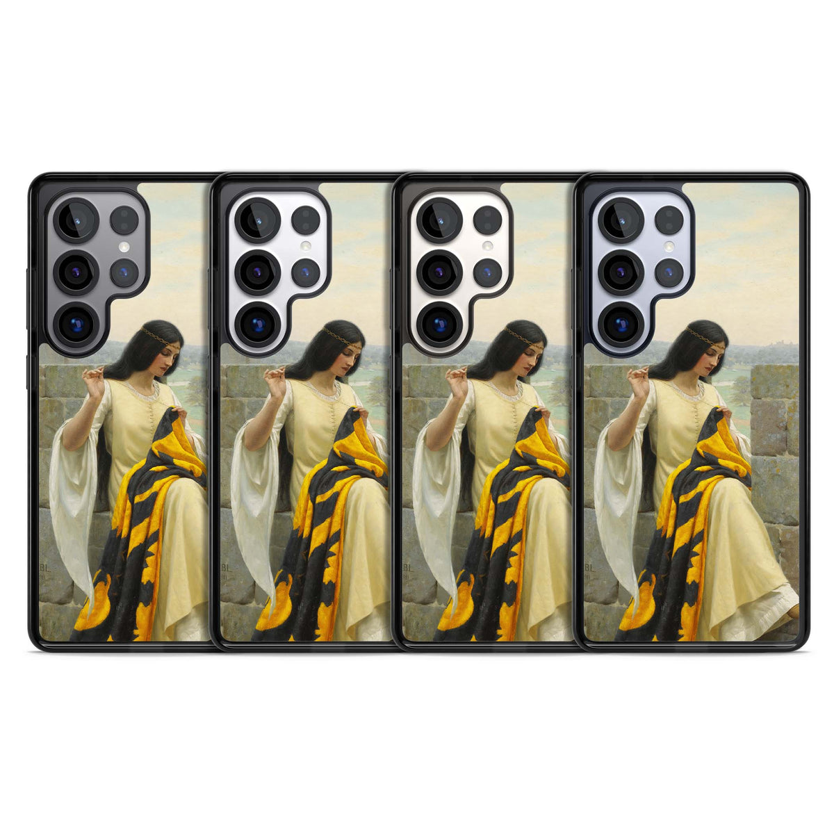 Stitching the Standard renaissance art iPhone case featuring a medieval lady sewing a golden banner on a castle wall | Black Impact case for Samsung Galaxy S25 Ultra