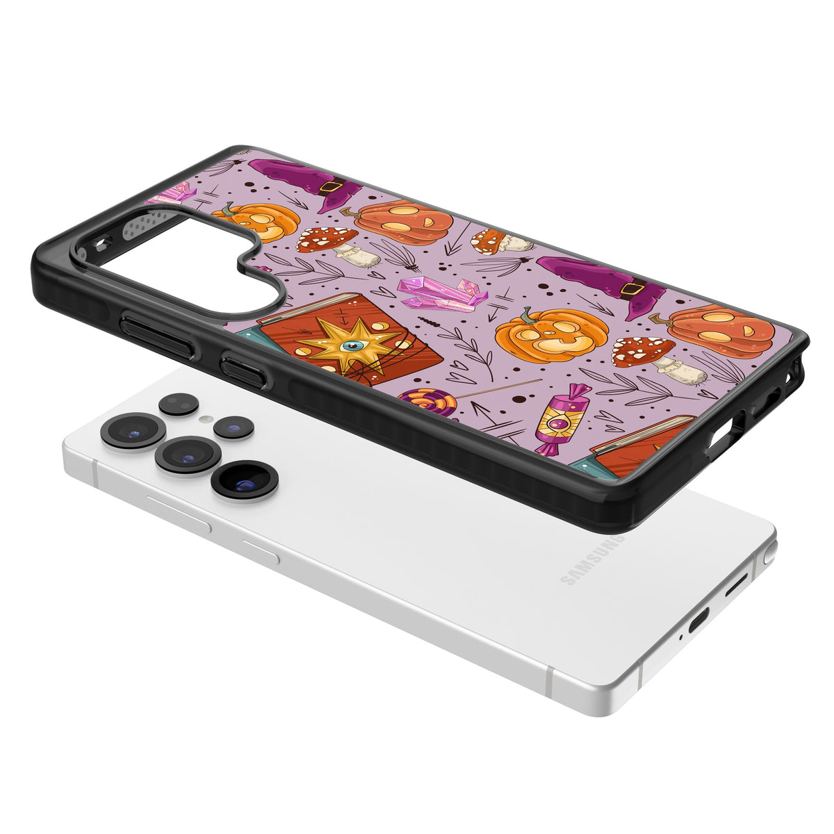 Witchy Cartoon Halloween Pattern Samsung S25 Ultra / Samsung S26 Ultra Impact Black Phone Case angled