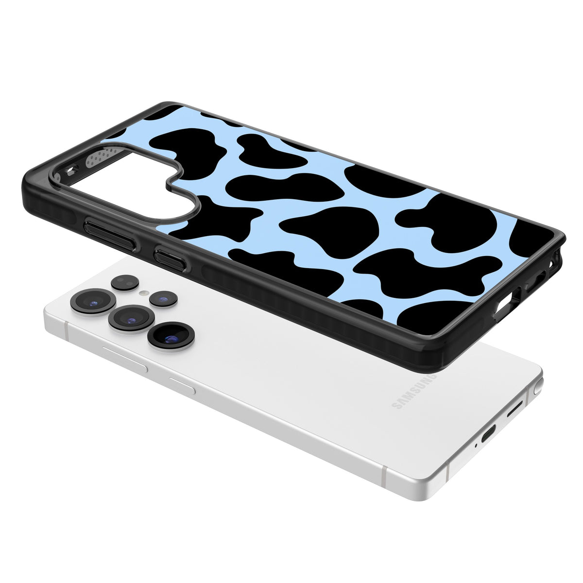 Blue And Black Cow Print Samsung S25 Ultra / Samsung S26 Ultra Impact Black Phone Case angled