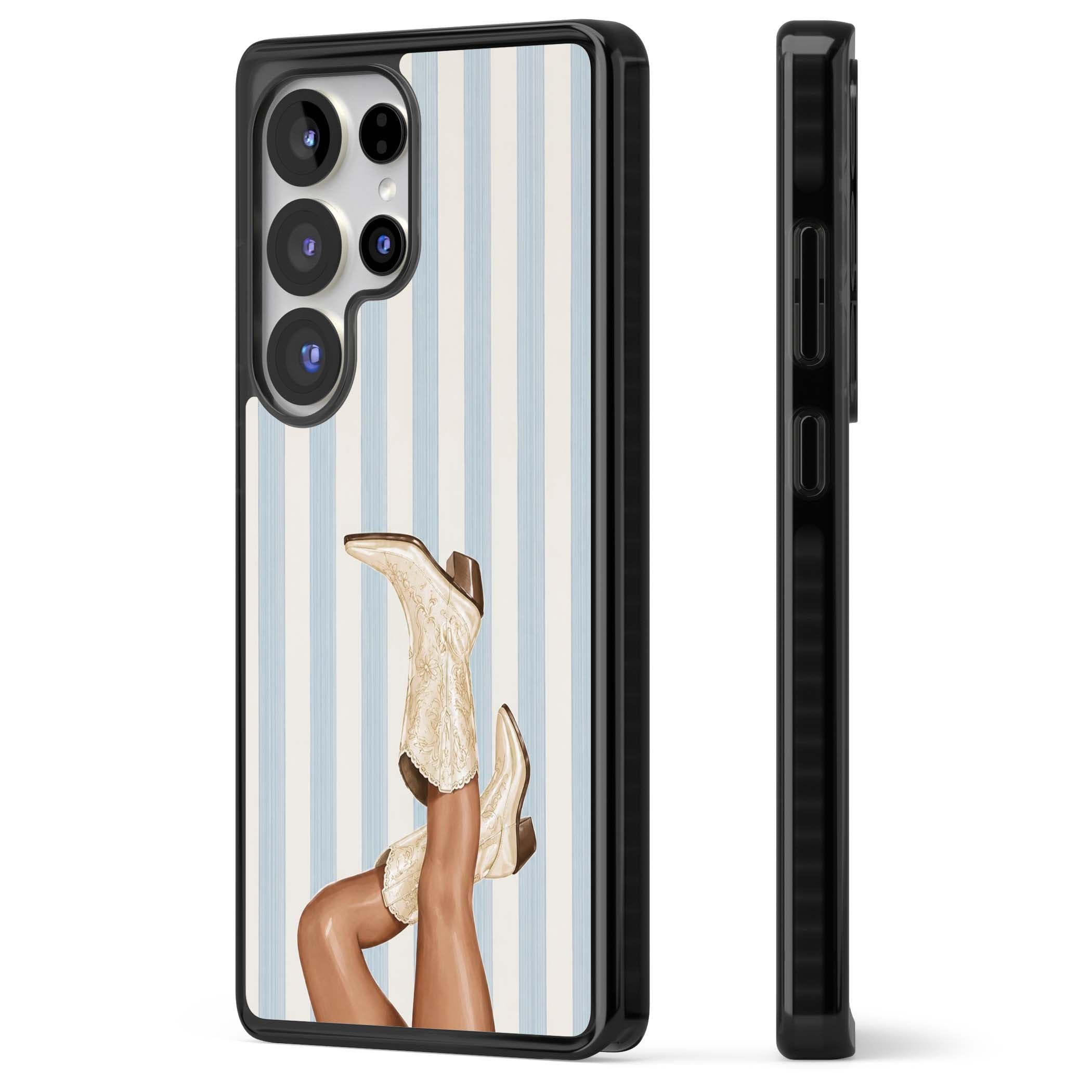 Cowgirl Boots coastal cowgirl iPhone case featuring embroidered western boots, tanned legs and a blue stripe backdrop | Black Impact case for Samsung Galaxy S25 Ultra