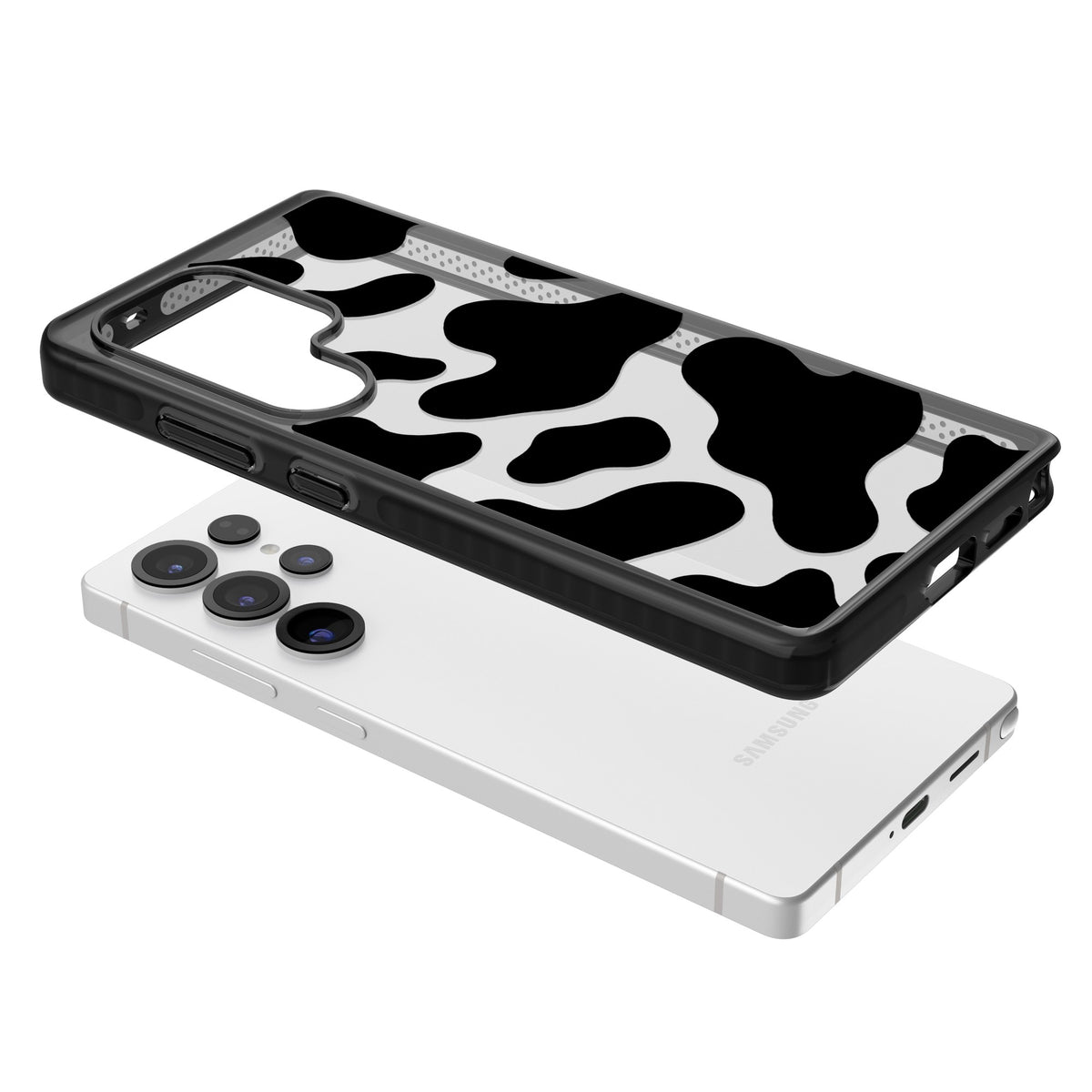 Clear Cow Print Samsung S25 Ultra / Samsung S26 Ultra Impact Black Phone Case angled