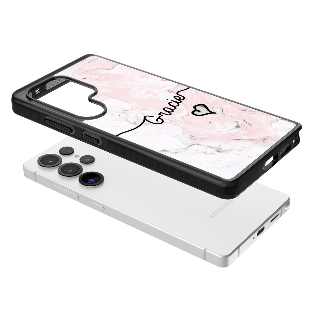 Personalised Pink Marble Samsung S25 Ultra / Samsung S26 Ultra Impact Black Phone Case angled