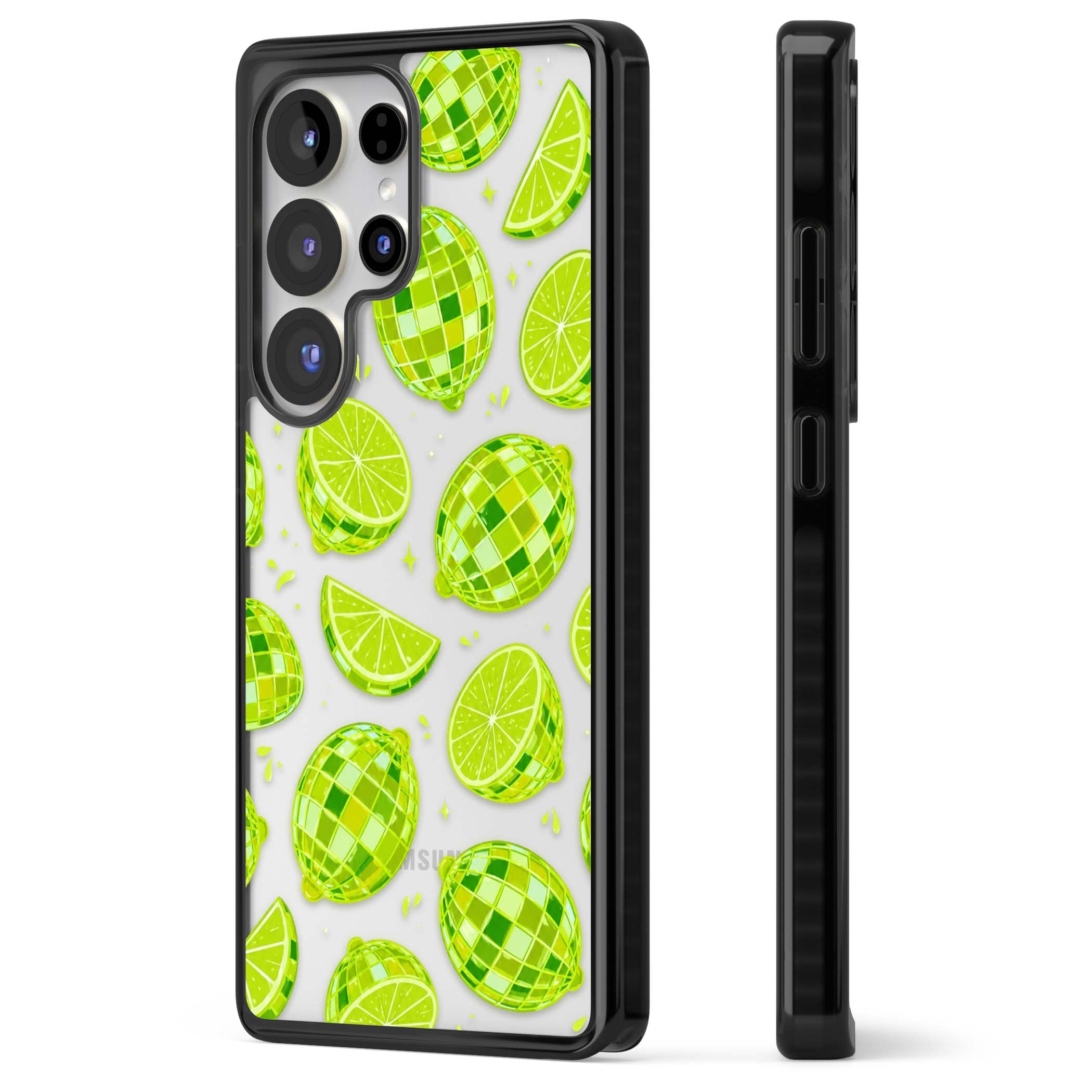 Disco Limes fruit aesthetic iPhone case featuring green disco balls, lime slices and citrus sparkles | Black Impact case for Samsung Galaxy S25 Ultra
