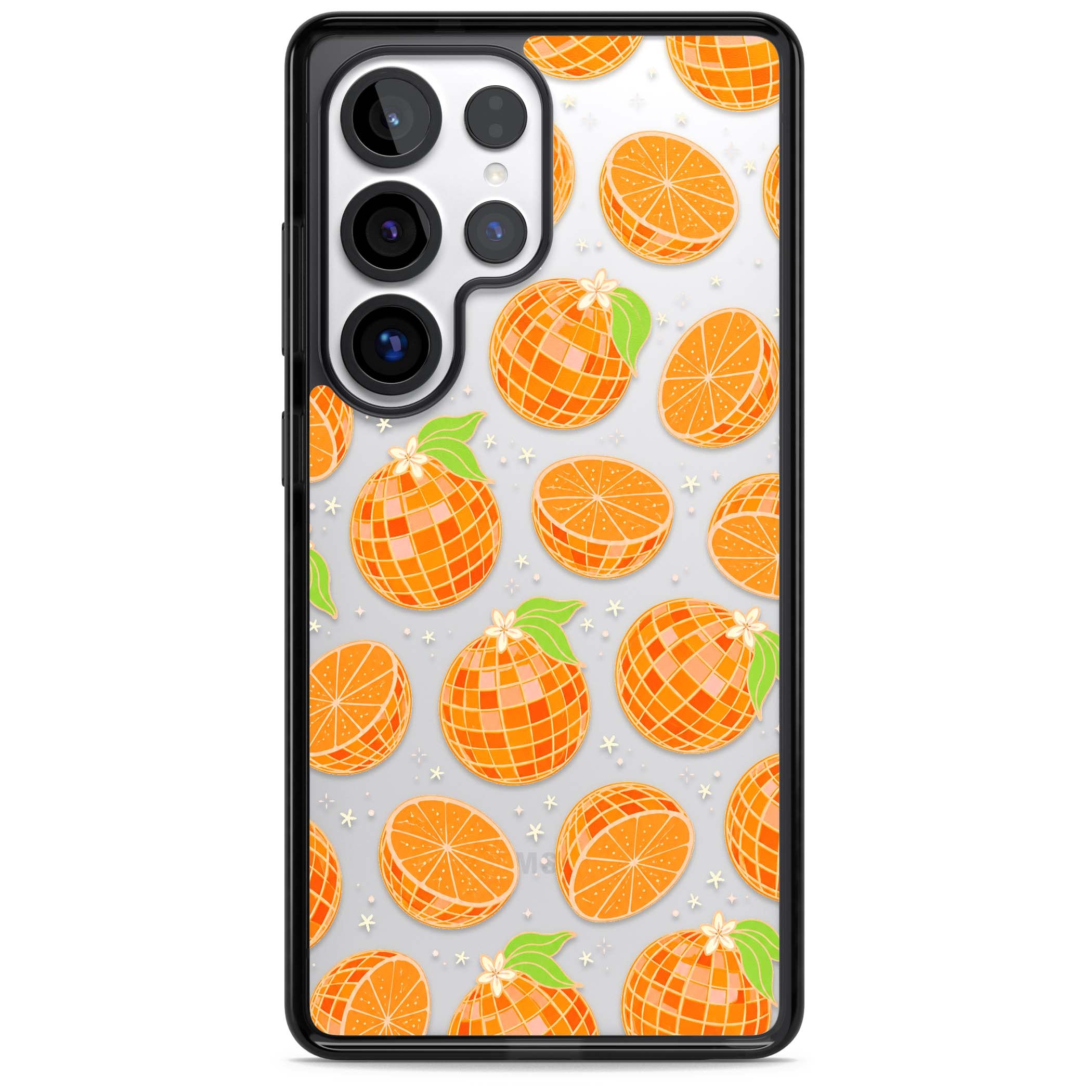 Disco Oranges retro iPhone case featuring mirrorball oranges, citrus slices and tiny blossoms on clear | Black Impact case for Samsung Galaxy S25 Ultra