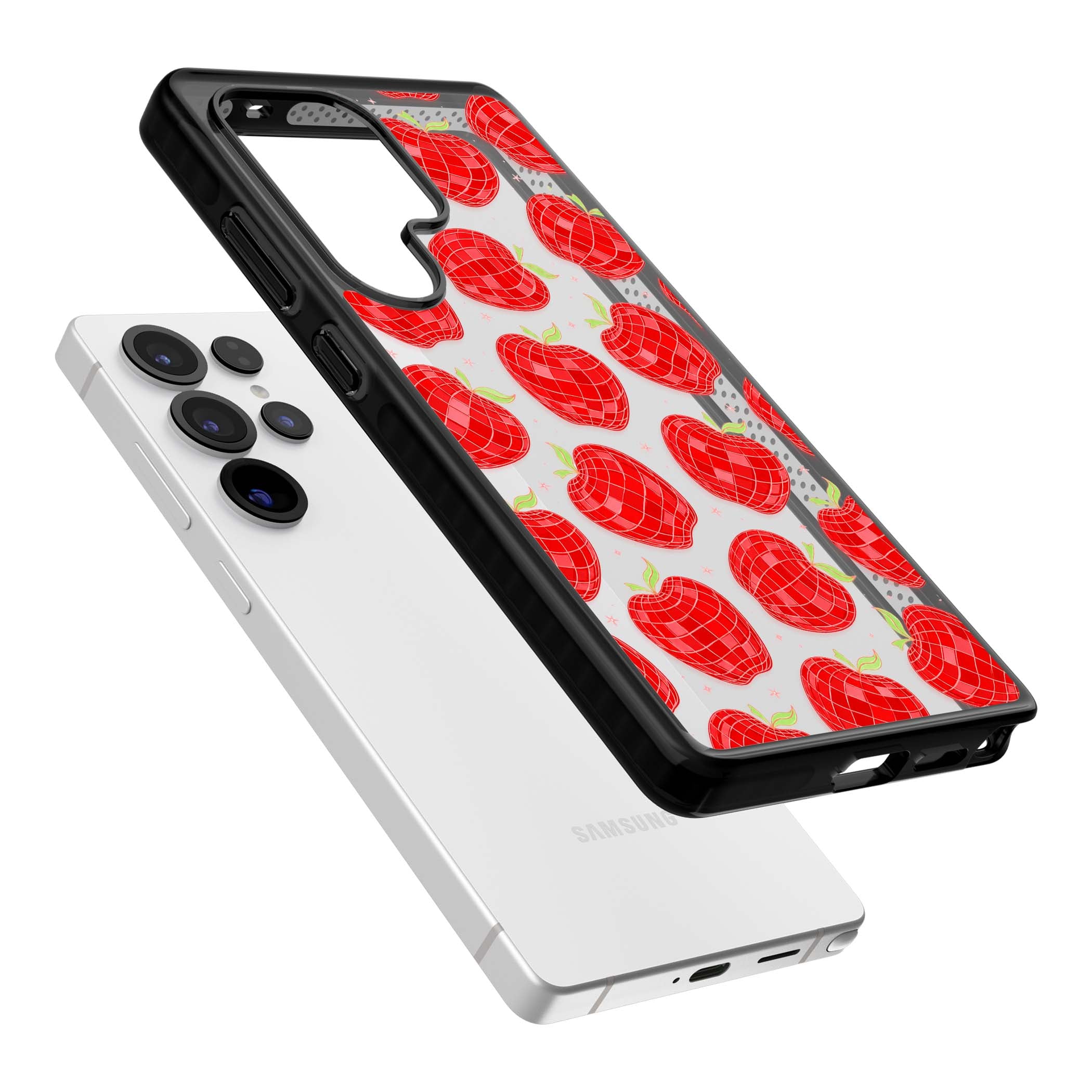 Disco Apples Y2K iPhone case featuring red disco ball apples, green leaves and pink sparkles on clear | Black Impact case for Samsung Galaxy S25 Ultra