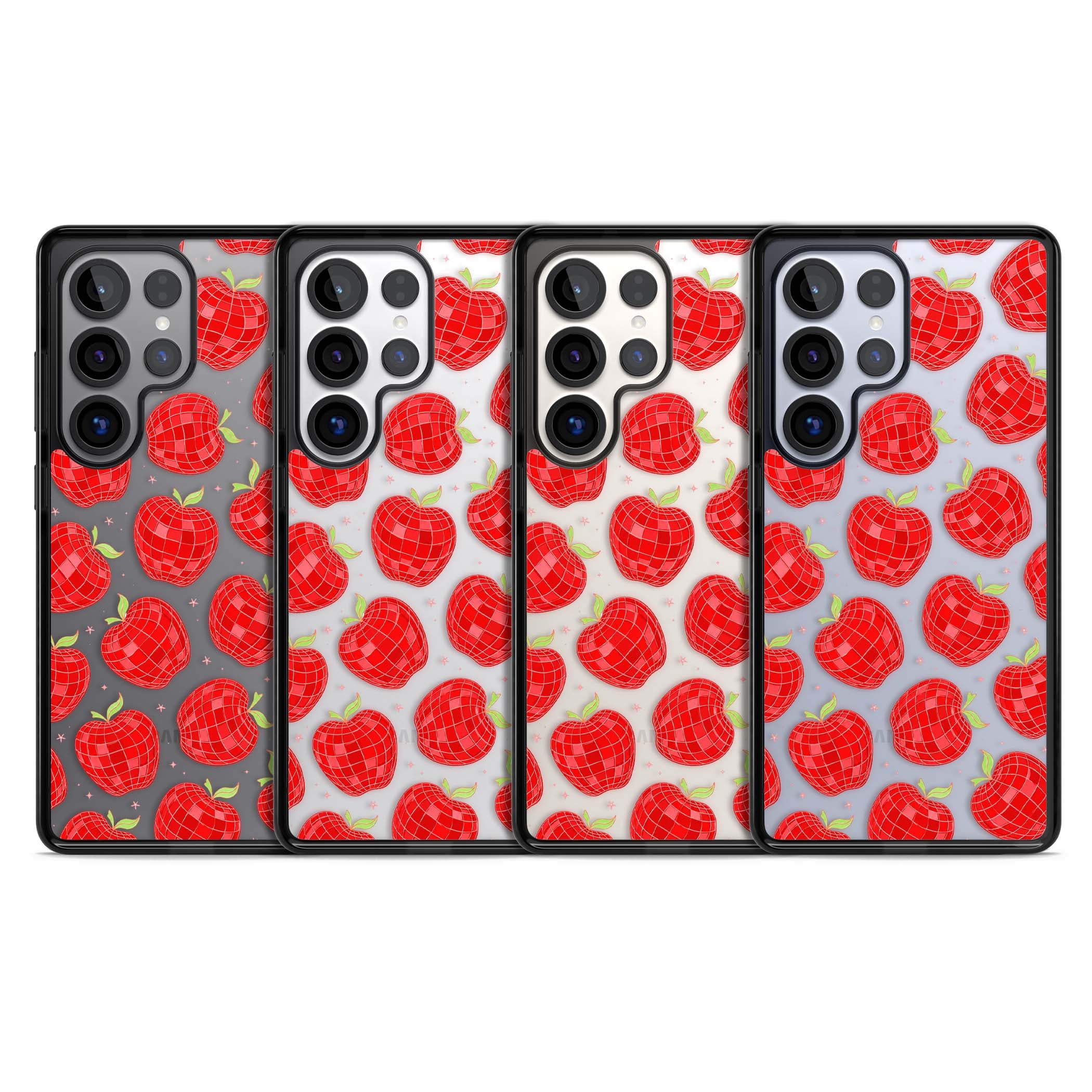 Disco Apples Y2K iPhone case featuring red disco ball apples, green leaves and pink sparkles on clear | Black Impact case for Samsung Galaxy S25 Ultra