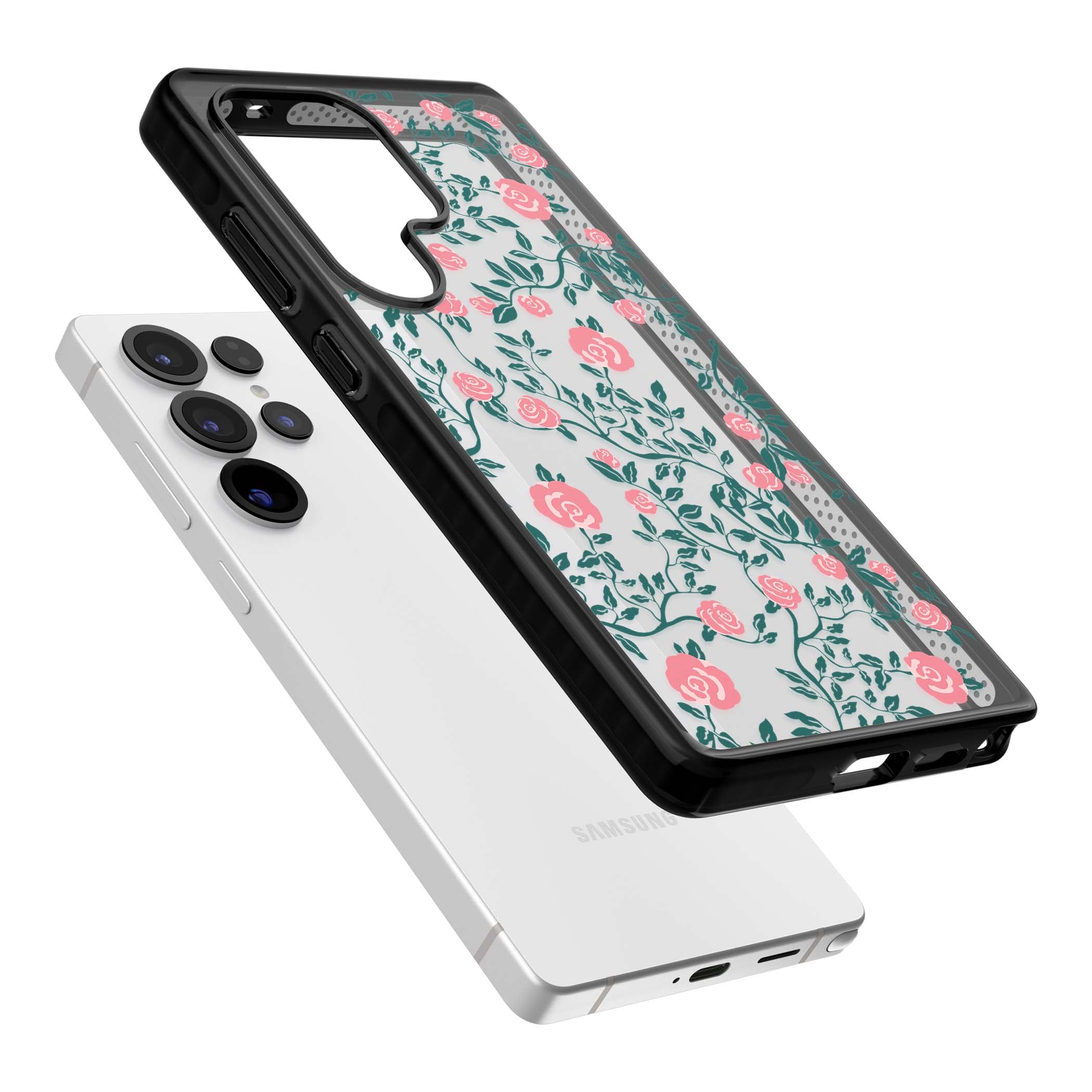 Rose Trellis (Clear) cottagecore iPhone case featuring pink climbing roses and green leaves on clear background | Black Impact case for Samsung Galaxy S25 Ultra