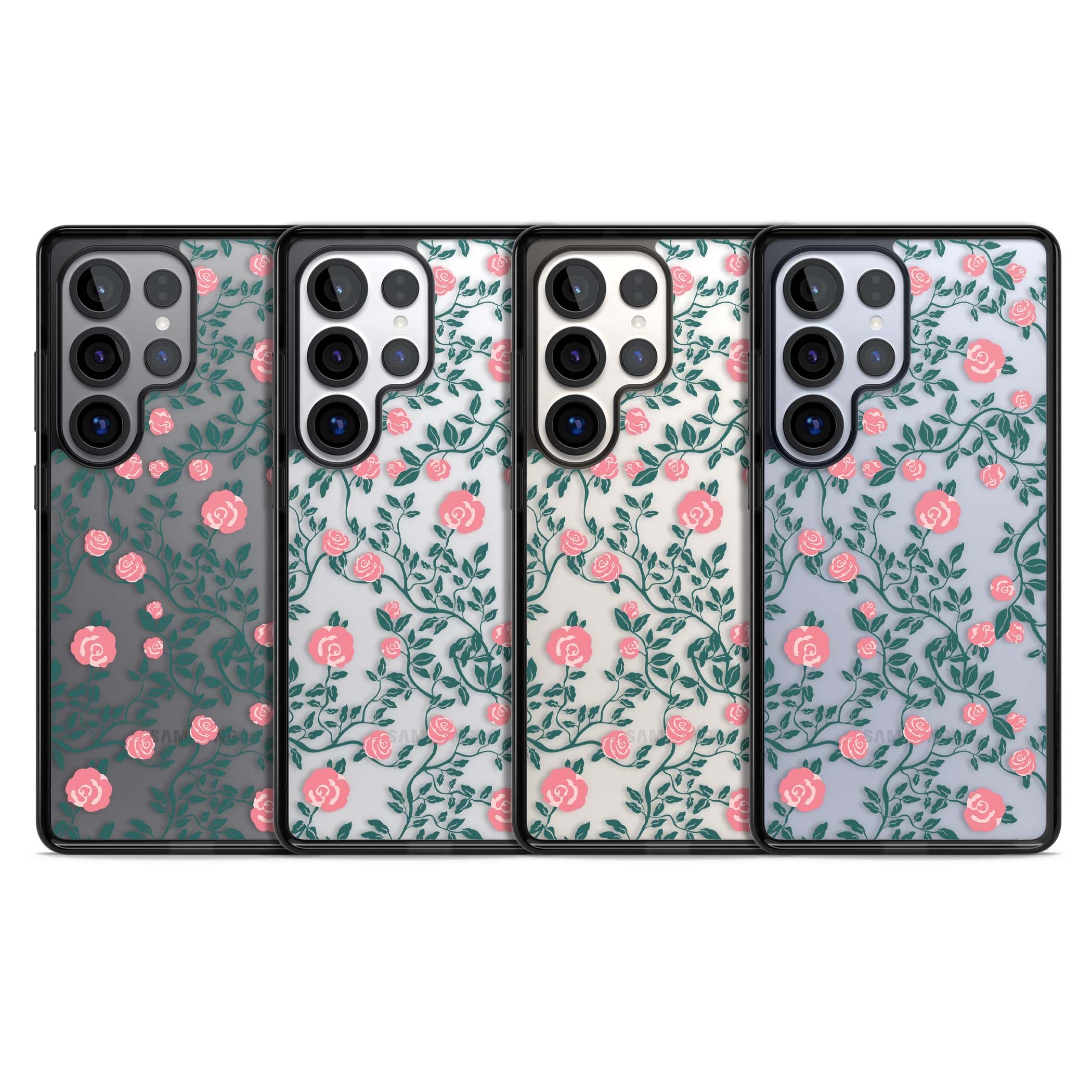 Rose Trellis (Clear) cottagecore iPhone case featuring pink climbing roses and green leaves on clear background | Black Impact case for Samsung Galaxy S25 Ultra