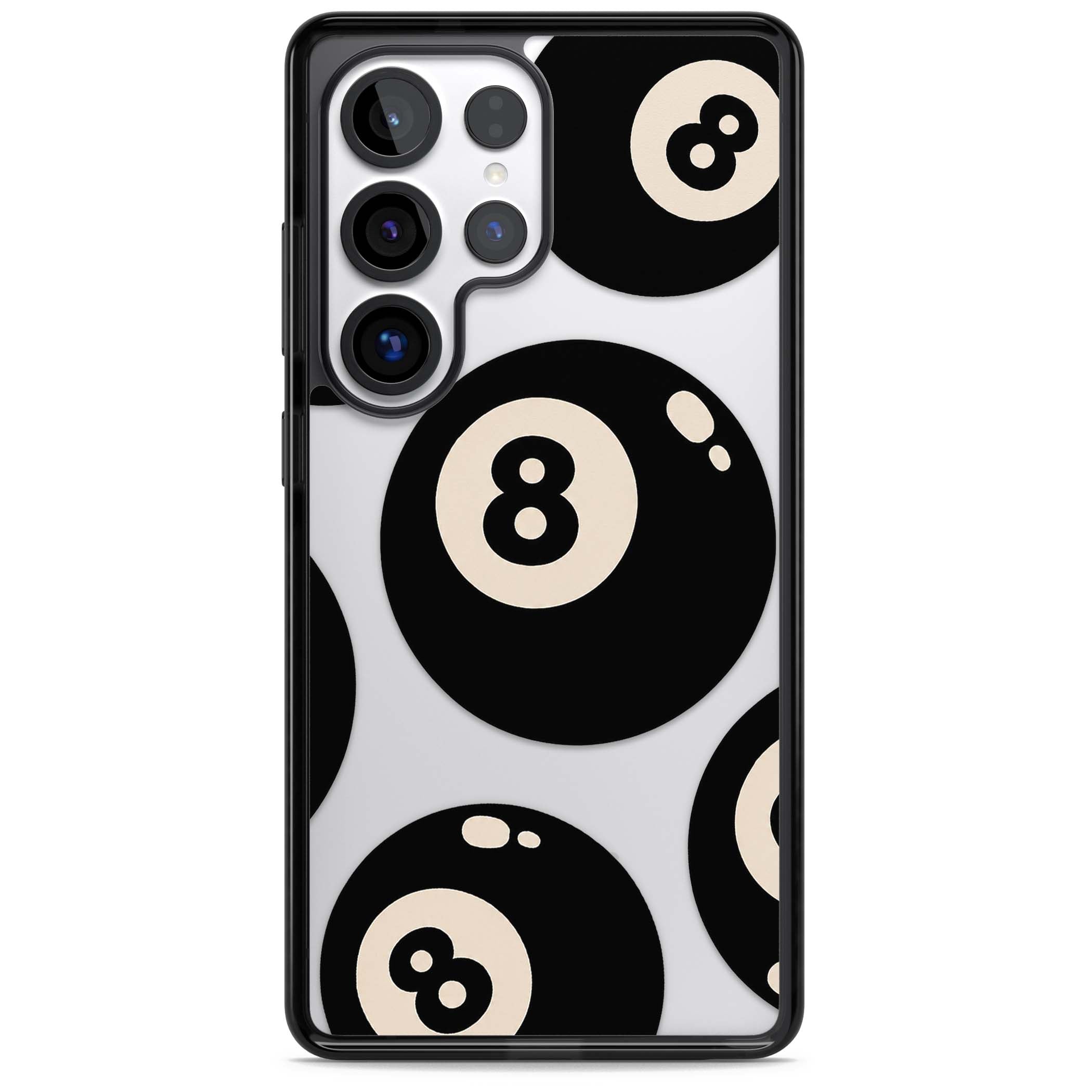 Eights y2k iPhone case featuring scattered black 8 balls with cream highlights on a clear background | Black Impact case for Samsung Galaxy S25 Ultra