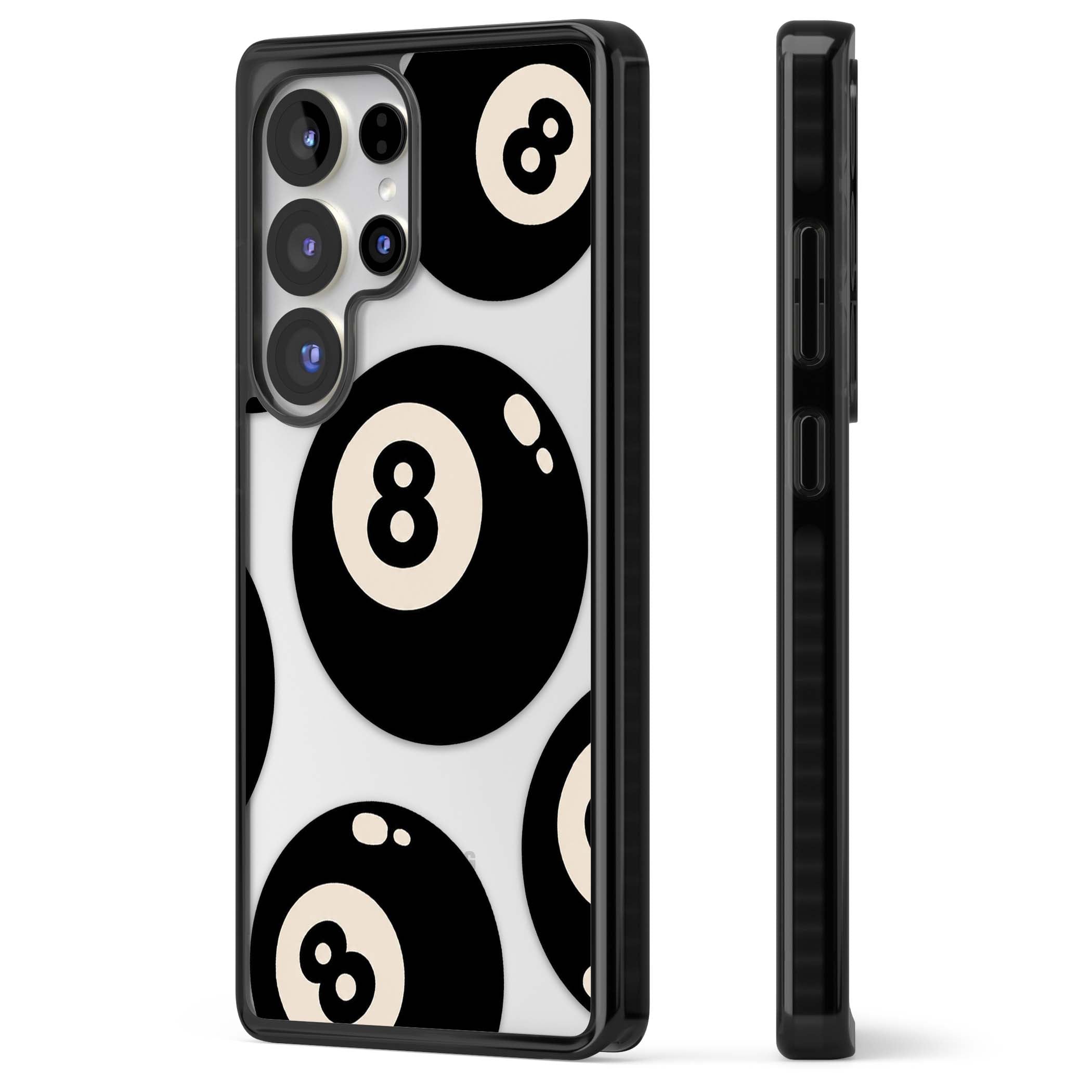 Eights y2k iPhone case featuring scattered black 8 balls with cream highlights on a clear background | Black Impact case for Samsung Galaxy S25 Ultra