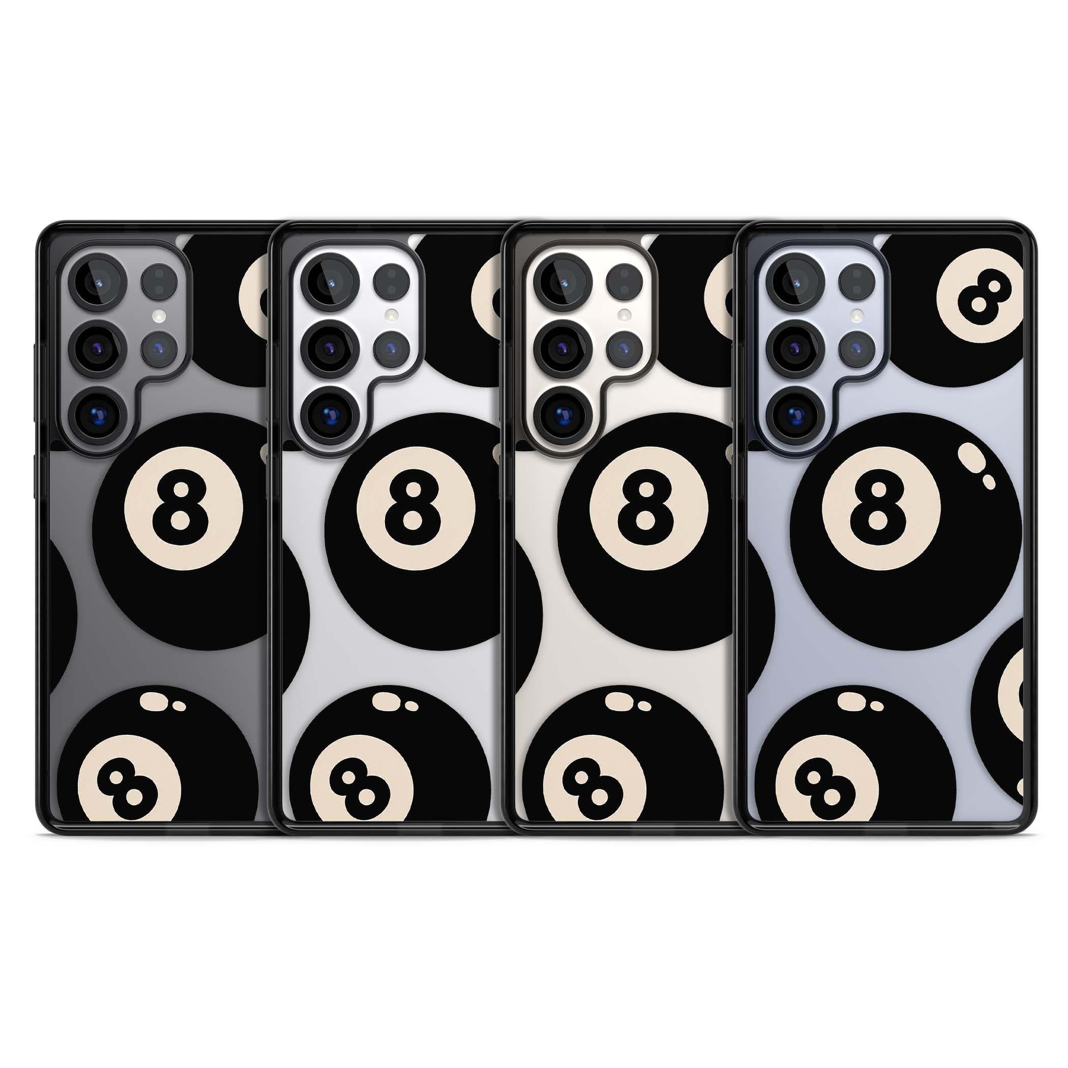Eights y2k iPhone case featuring scattered black 8 balls with cream highlights on a clear background | Black Impact case for Samsung Galaxy S25 Ultra