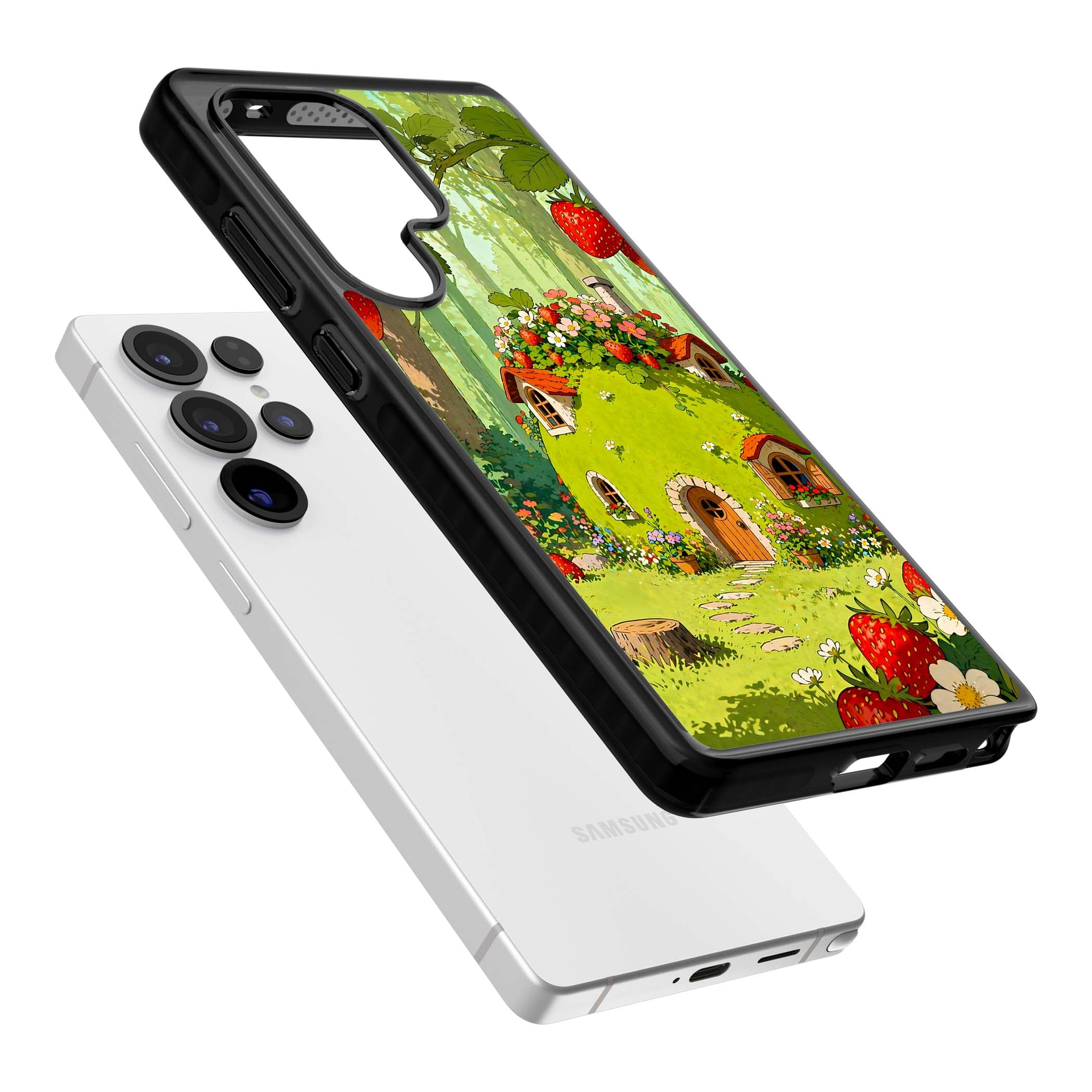 Strawberry Cottage cottagecore iPhone case featuring a green fairy house, wild strawberries and enchanted forest flowers | Black Impact case for Samsung Galaxy S25 Ultra