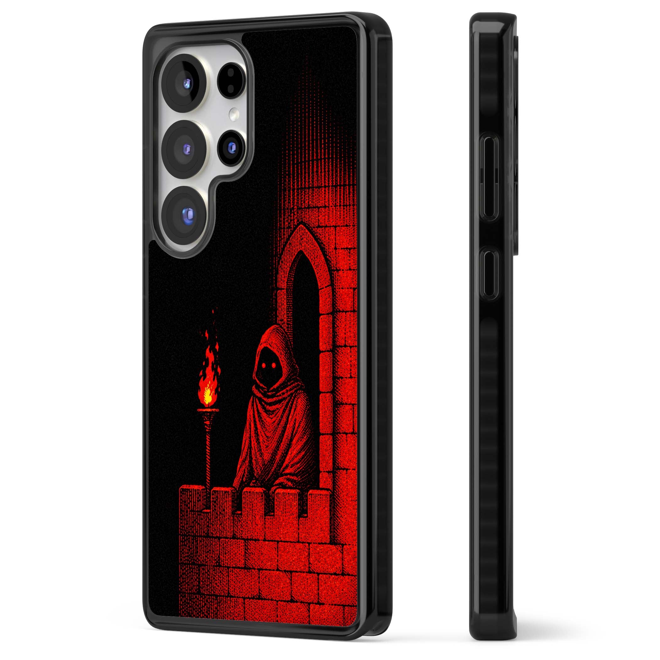 Crimson Crypt gothic iPhone case featuring a hooded reaper, torchlit crypt archway and red halftone horror art | Black Impact case for Samsung Galaxy S25 Ultra