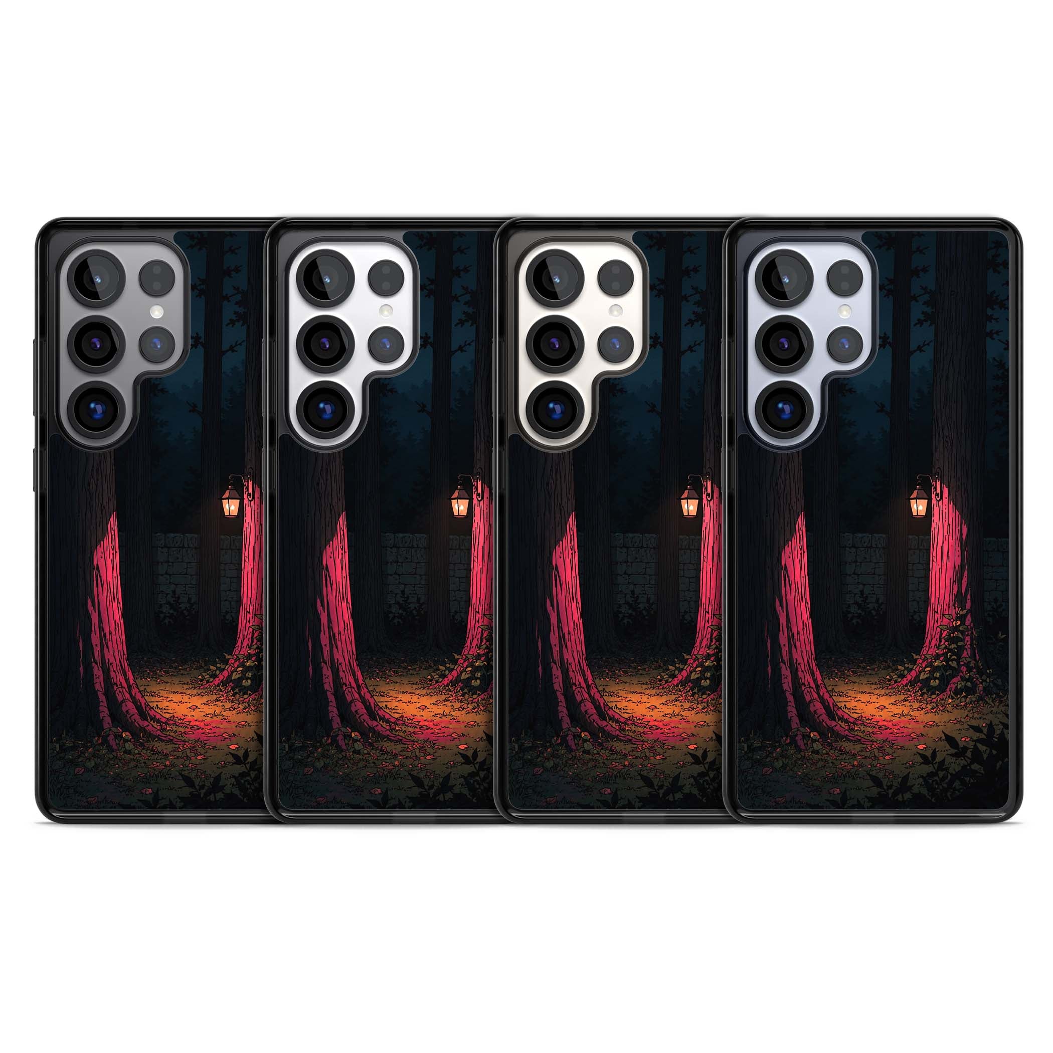 Forest Lantern dark academia iPhone case featuring a moonlit forest, glowing lantern, and stone wall pathway | Black Impact case for Samsung Galaxy S25 Ultra