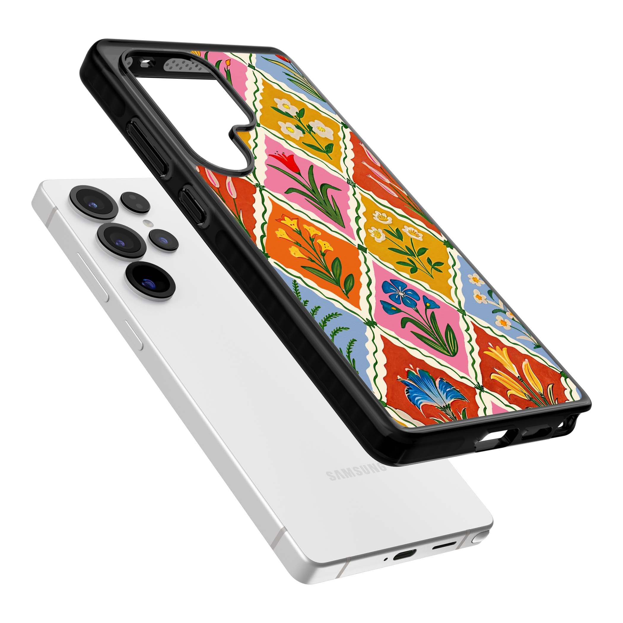 Floral Quilt boho floral iPhone case featuring diamond lattice pattern, hand-painted tulips and folk art wildflowers | Black Impact case for Samsung Galaxy S25 Ultra