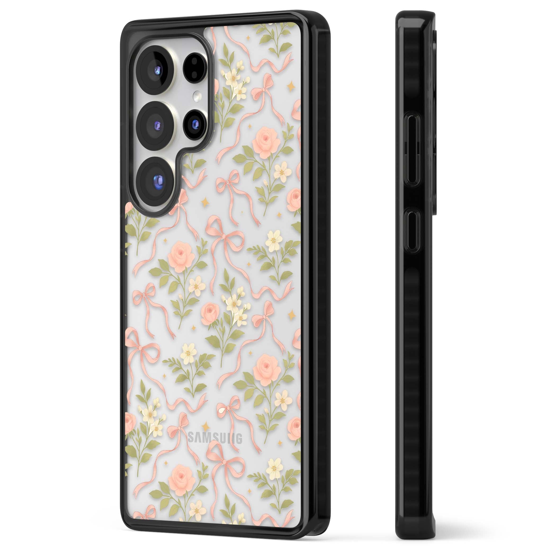 Ribbon Garden coquette iPhone case featuring pink bows, peach roses and wildflowers on white background | Black Impact case for Samsung Galaxy S25 Ultra