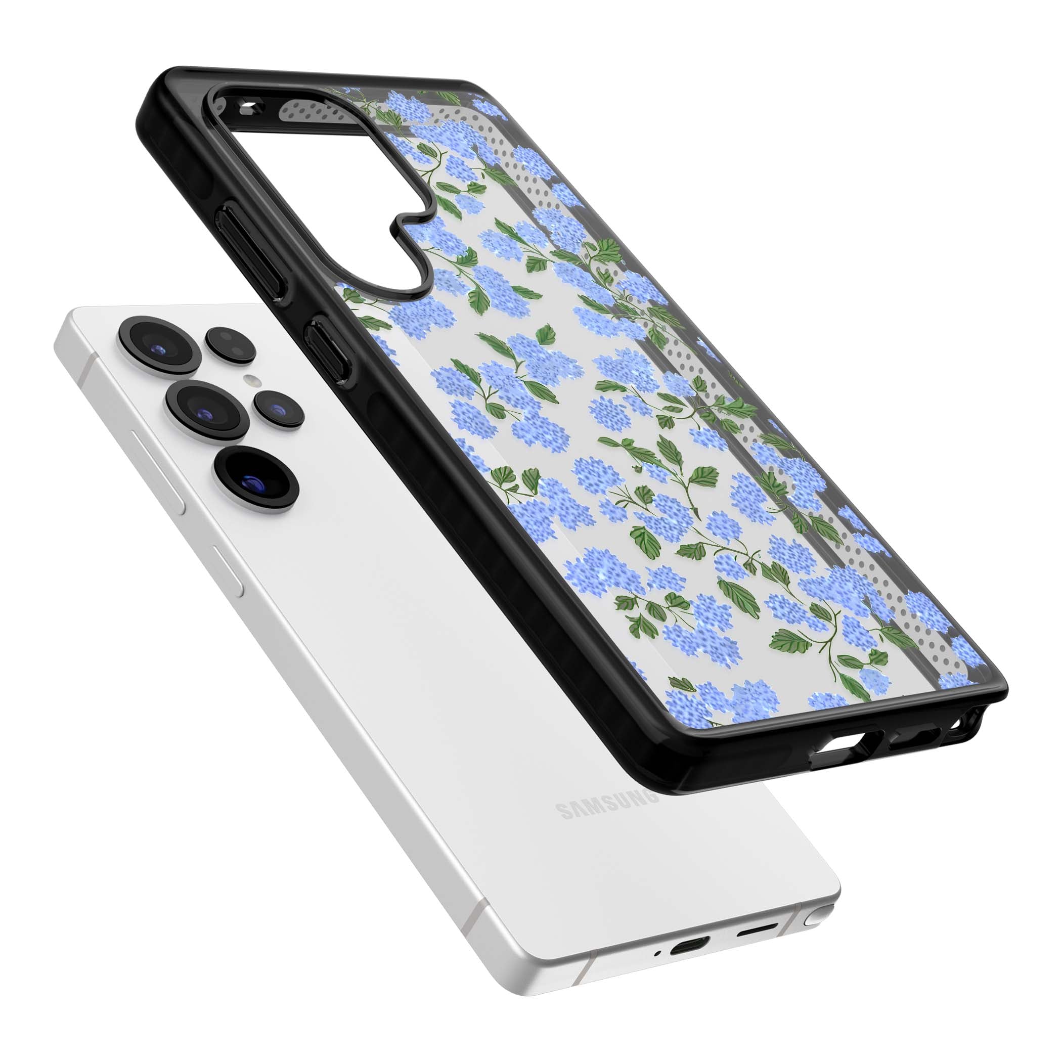 Hydrangea Dreams cottagecore iPhone case featuring soft blue hydrangea flower clusters and green leaves | Black Impact case for Samsung Galaxy S25 Ultra