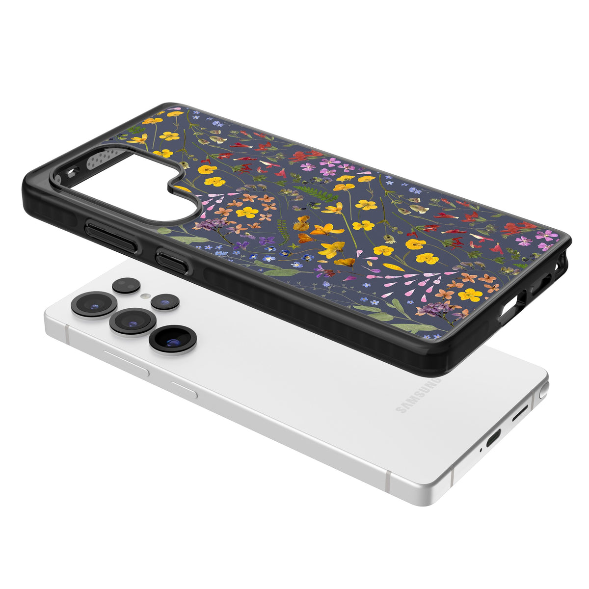 Wildflowers & Leaves In Navy Samsung S25 Ultra / Samsung S26 Ultra Impact Black Phone Case angled