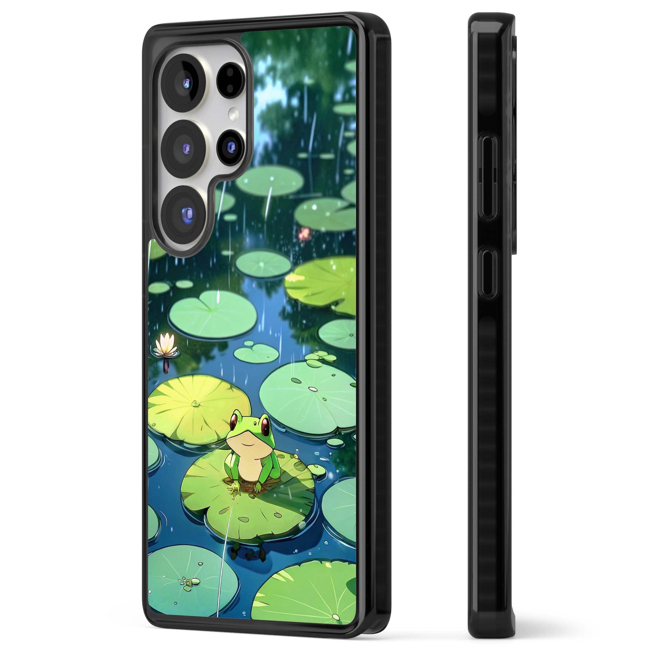 Frog In Lily Pond cottagecore iPhone case featuring a cute green frog on a lily pad with falling rain and a lotus flower | Black Impact case for Samsung Galaxy S25 Ultra