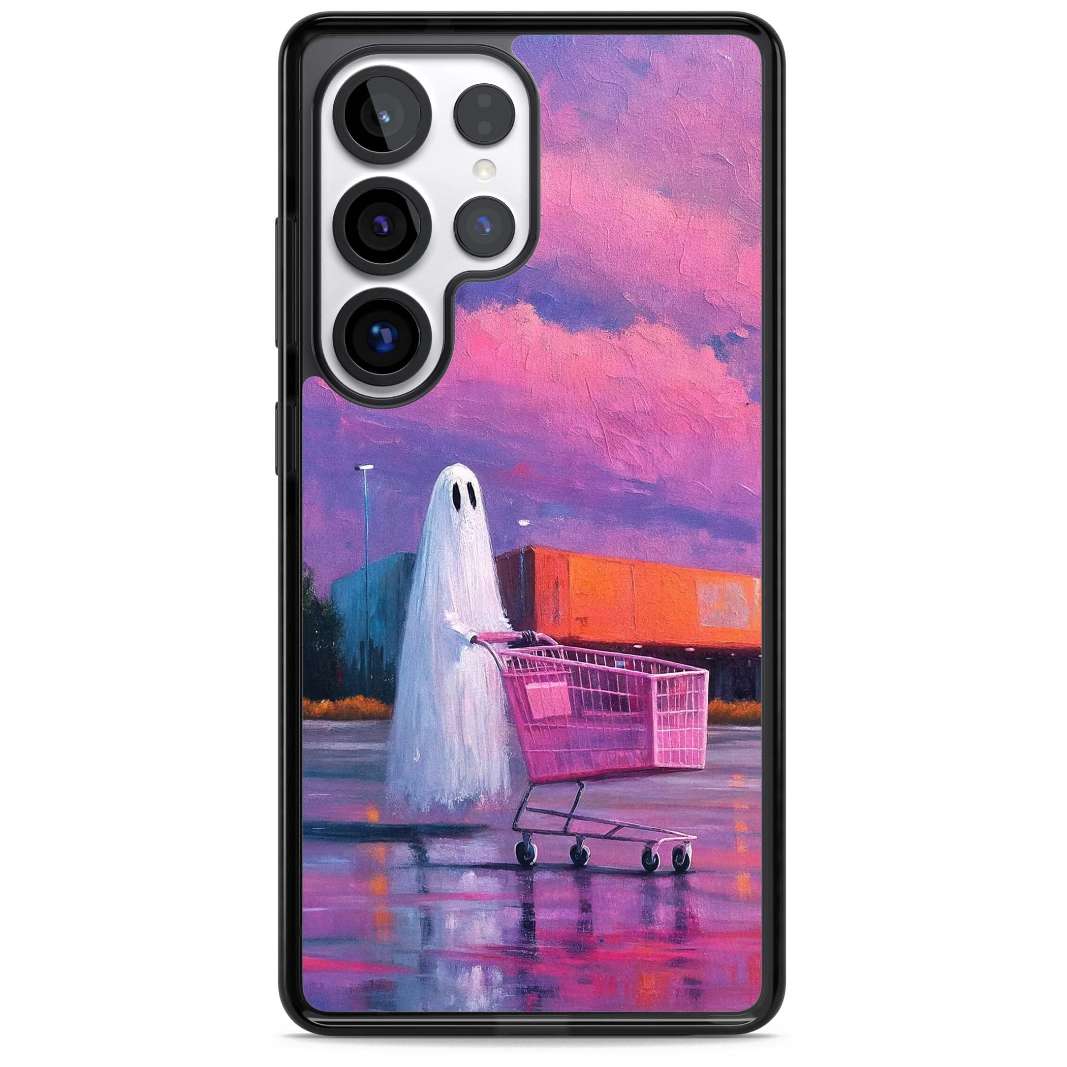 A Ghost's Errand ghost halloween iPhone case featuring a painted ghost, pink shopping trolley and purple sunset sky | Black Impact case for Samsung Galaxy S25 Ultra