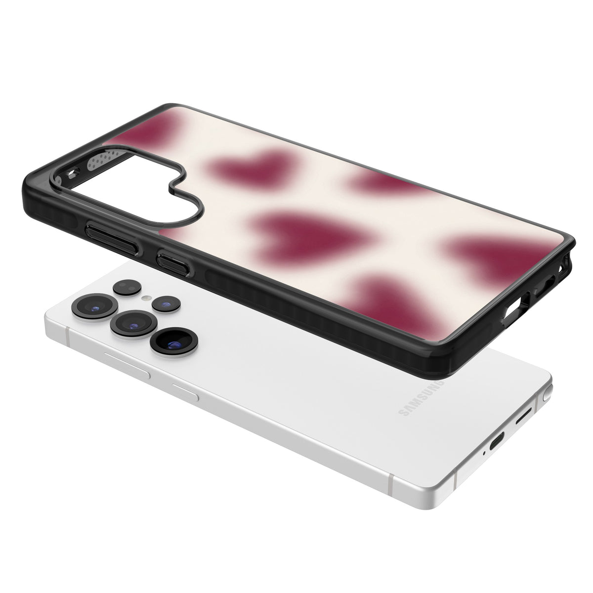 Velvet Hearts coquette iPhone case featuring blurry burgundy aura hearts on a soft cream background Samsung S25 Ultra / Samsung S26 Ultra Impact Black Phone Case angled