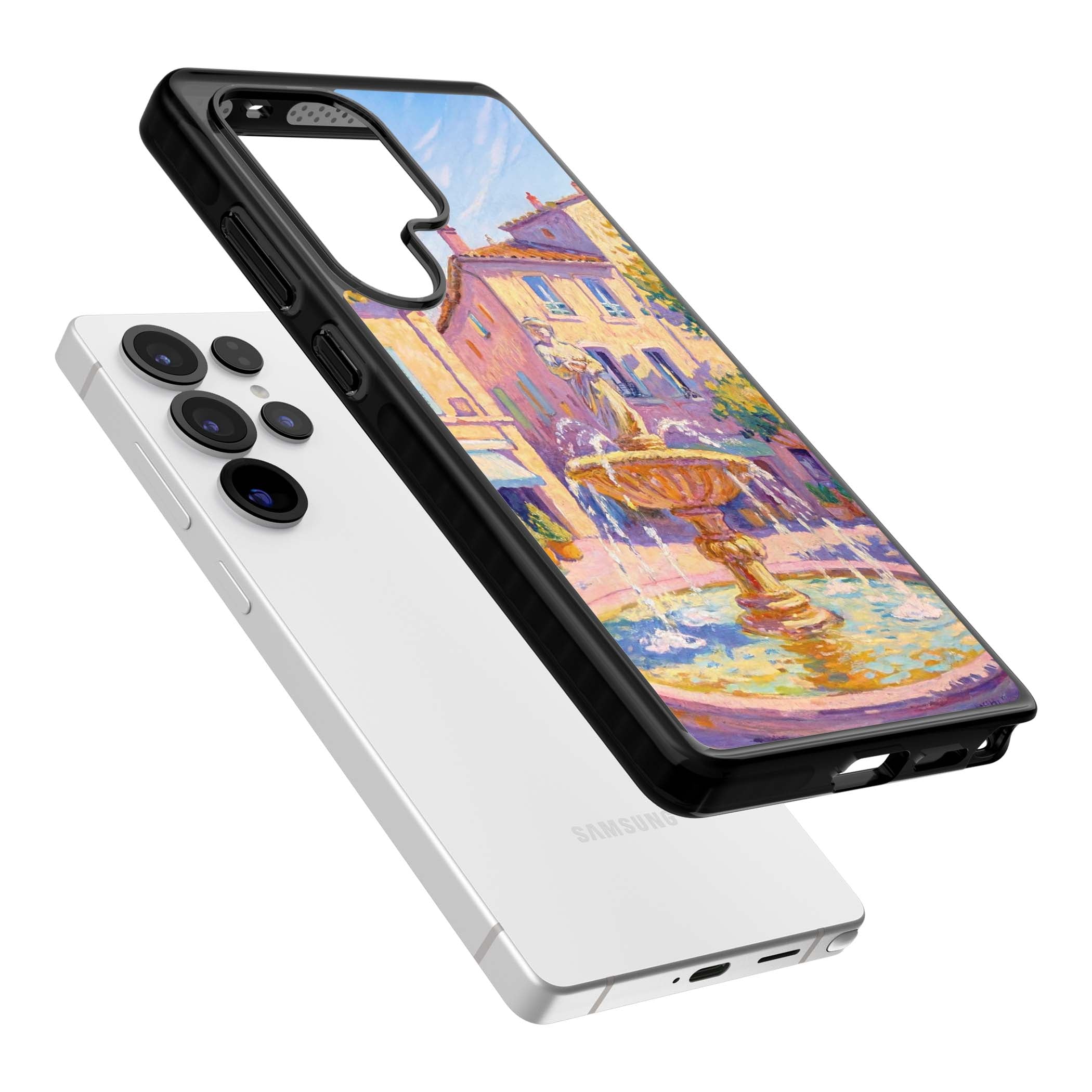 Fountain Square fine art iPhone case featuring an impressionist Provençal fountain, pastel village buildings and summe | Black Impact case for Samsung Galaxy S25 Ultra
