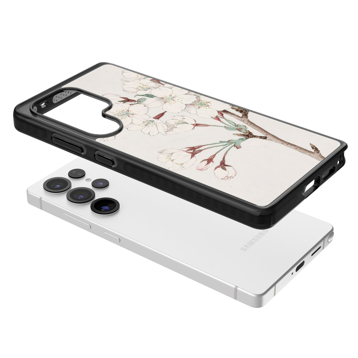 Vintage Japanese White Blossoms Samsung S25 Ultra / Samsung S26 Ultra Impact Black Phone Case angled
