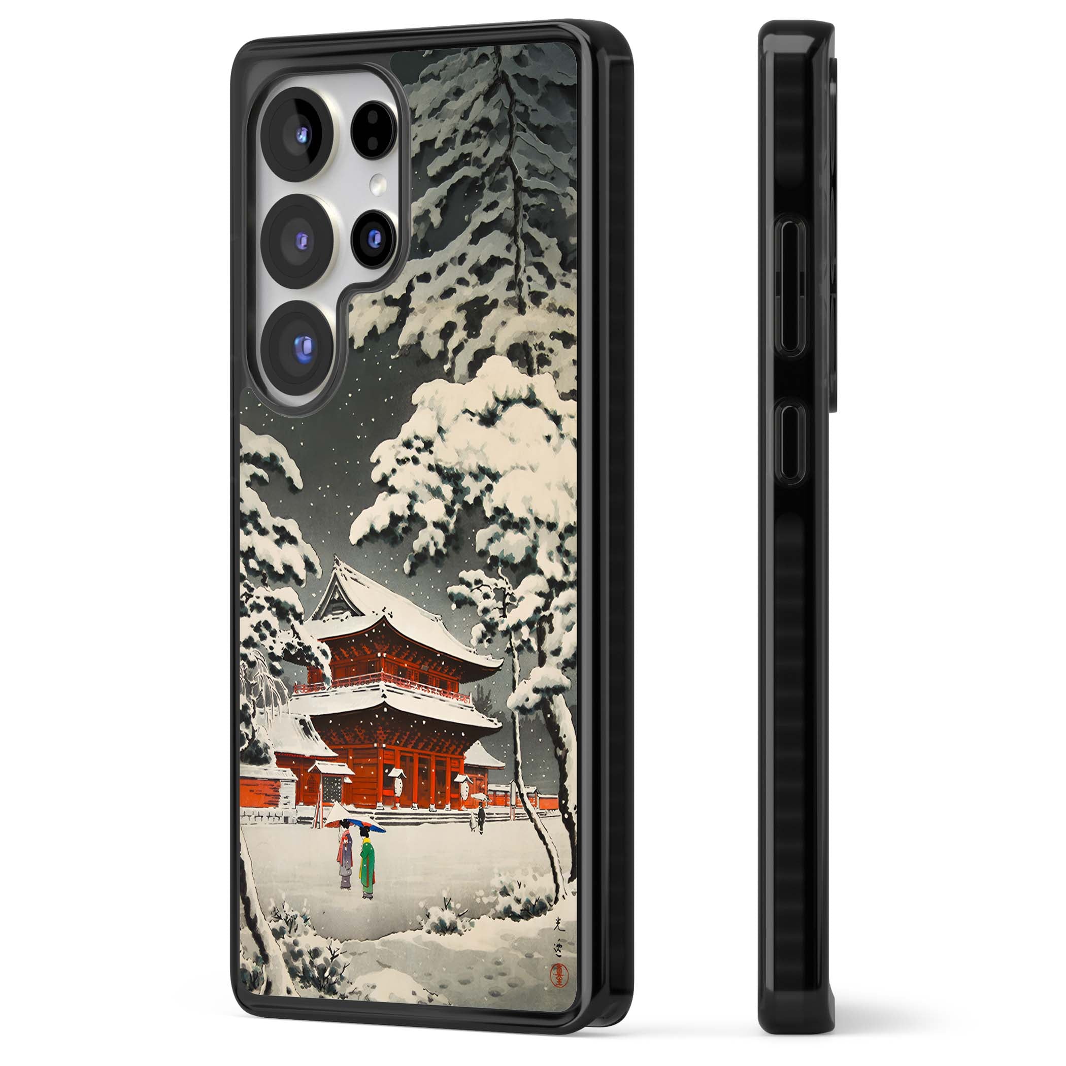 Snow at Shiha Park, Tokyo Japanese art iPhone case featuring a vintage ukiyo-e snowy temple, red pagoda, and snow-covered pin | Black Impact case for Samsung Galaxy S25 Ultra