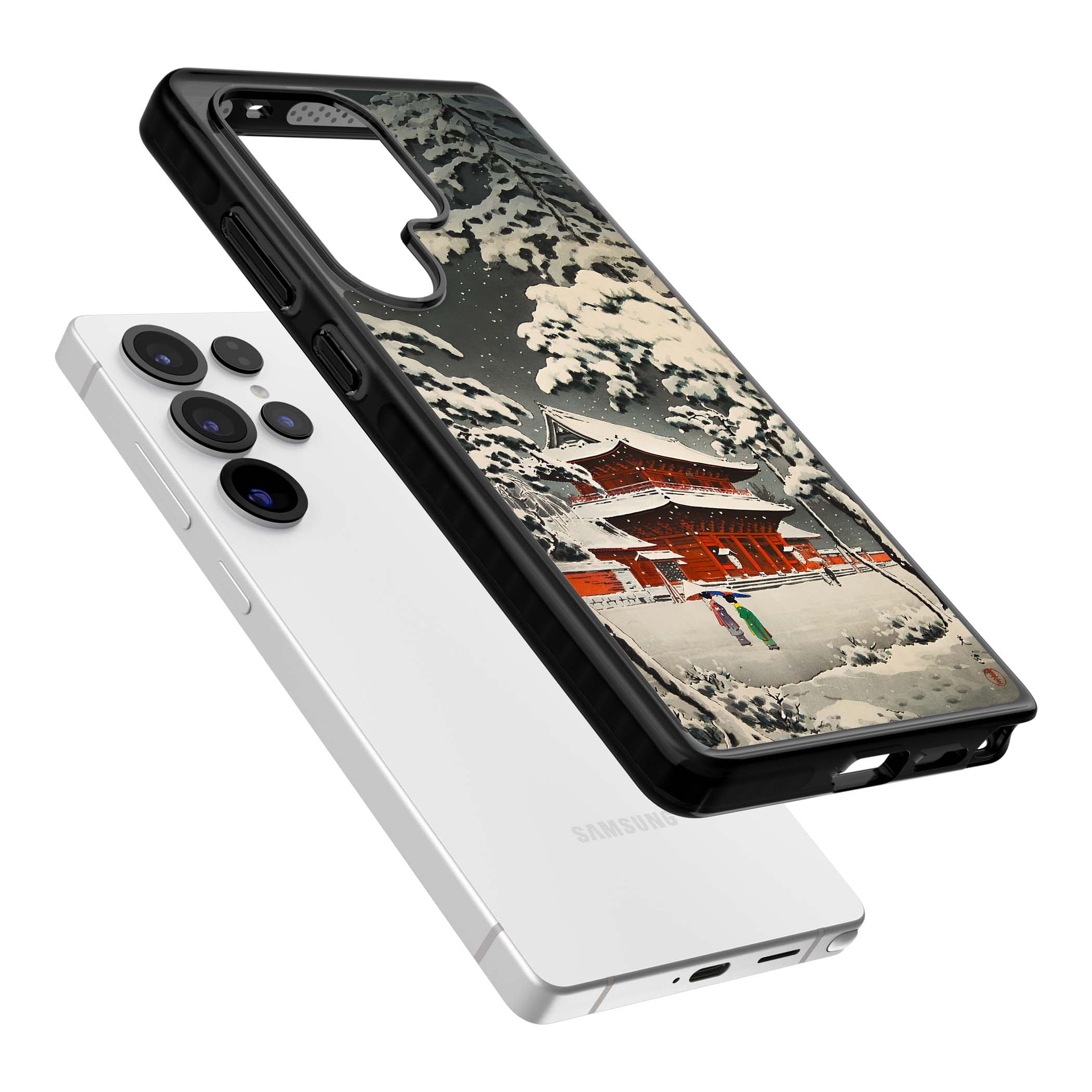 Snow at Shiha Park, Tokyo Japanese art iPhone case featuring a vintage ukiyo-e snowy temple, red pagoda, and snow-covered pin | Black Impact case for Samsung Galaxy S25 Ultra
