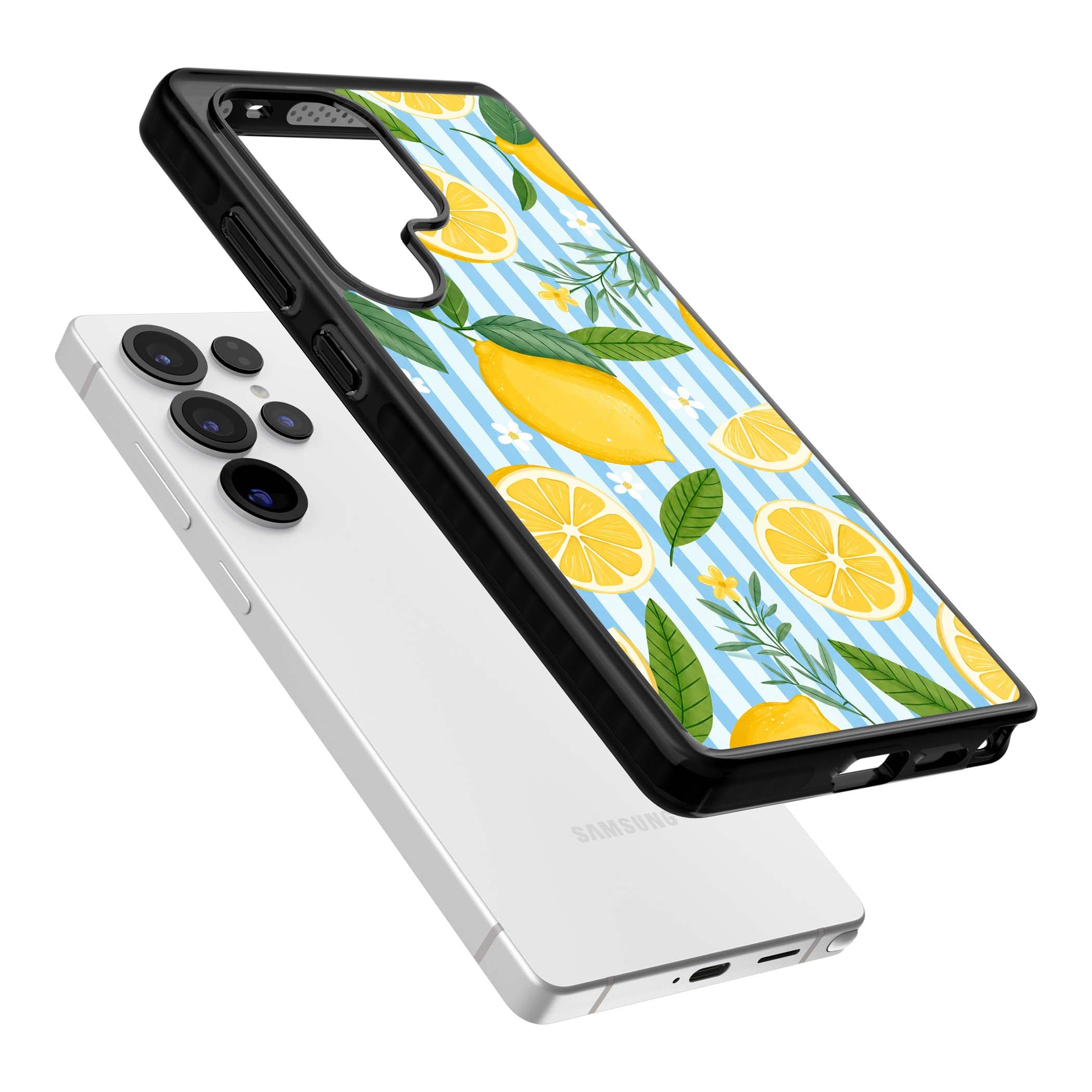Capri Citrus Stripe coastal iPhone case featuring yellow lemons, blue stripes, and white daisy blossoms | Black Impact case for Samsung Galaxy S25 Ultra